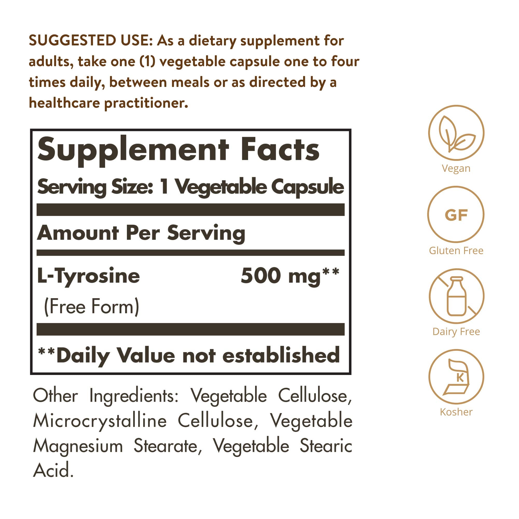 Solgar L-Tyrosine 500mg capsules side view