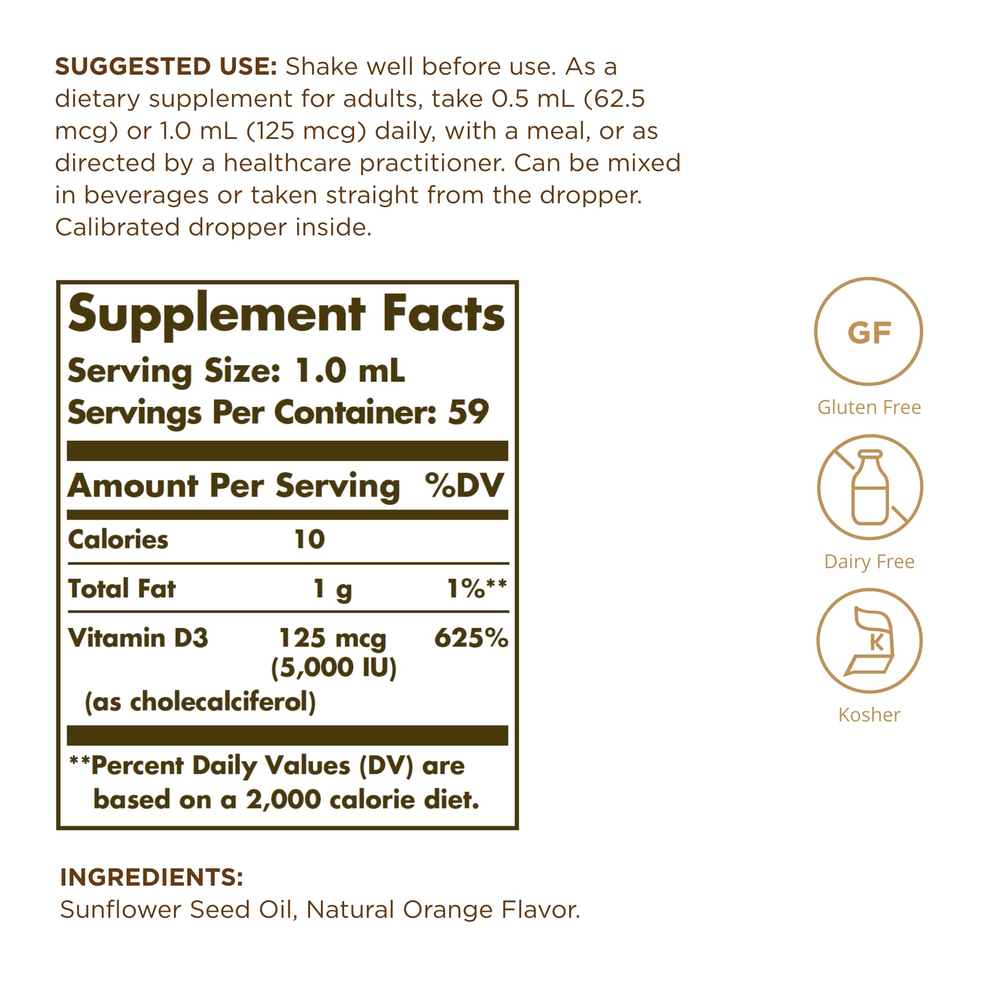 Solgar Liquid Vitamin D3 125 mcg bottle side view