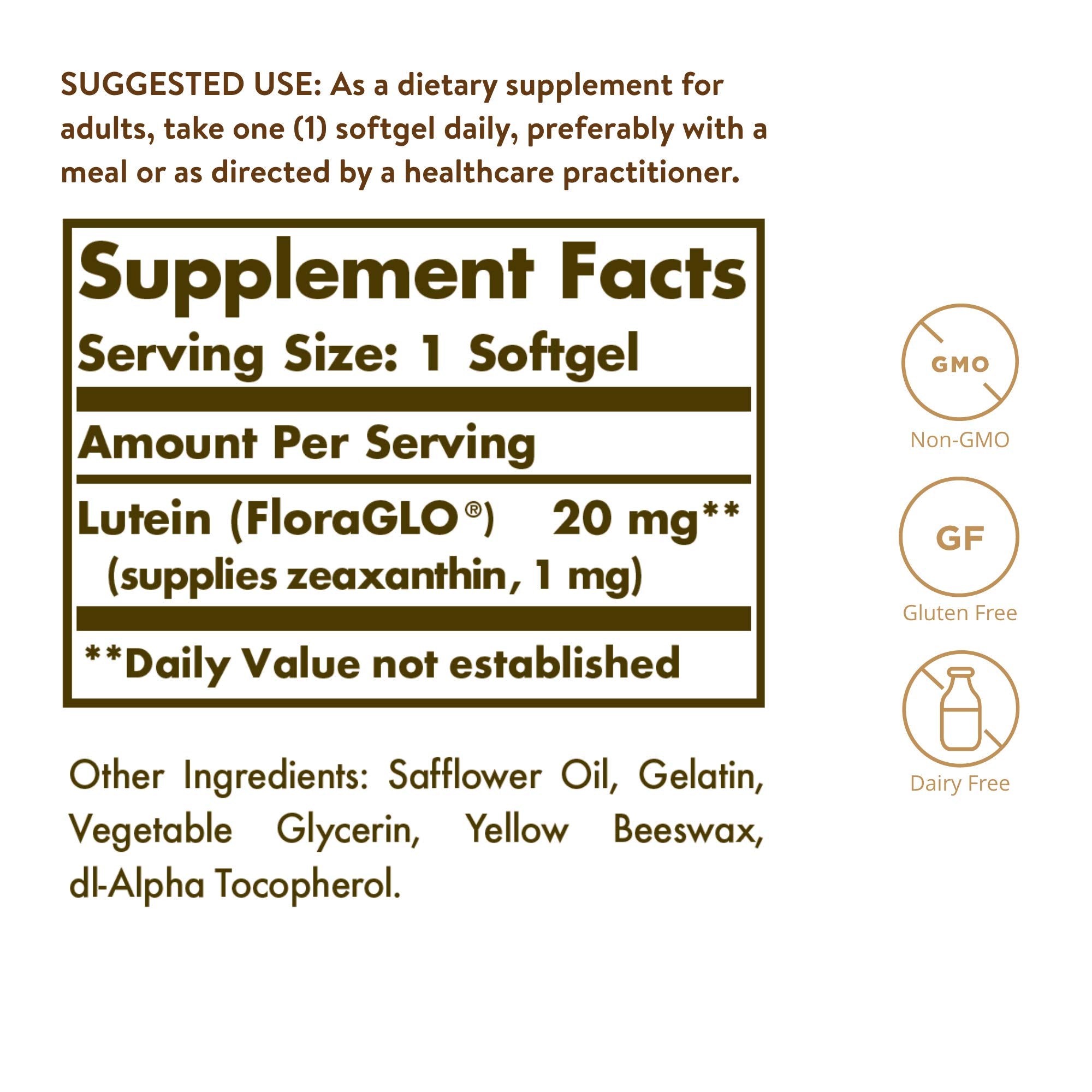 Solgar Lutein capsule showing size and colour