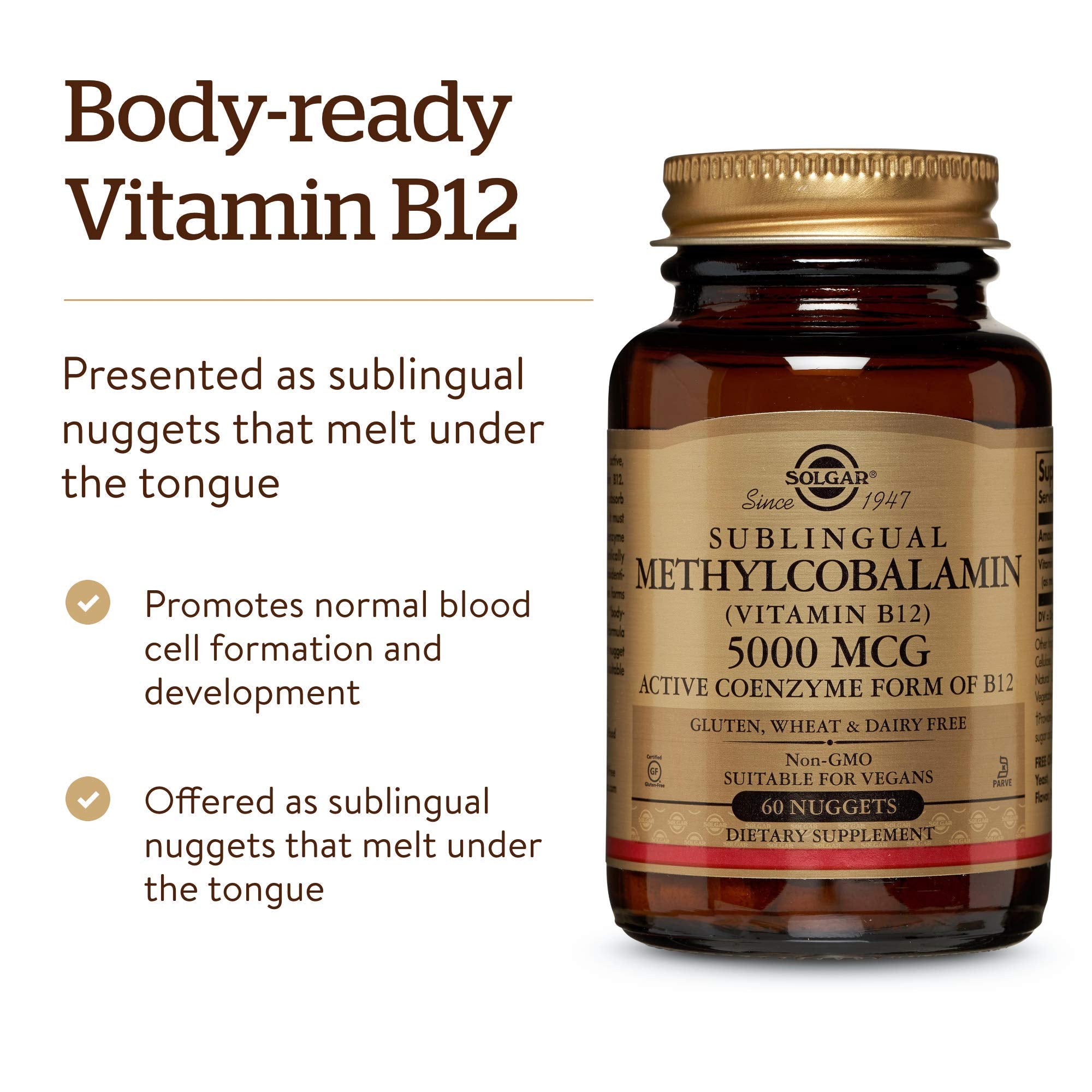 Solgar Methylcobalamin Vitamin B12 5000 mcg Nuggets on a wooden table