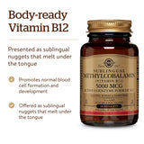 Solgar Methylcobalamin Vitamin B12 5000 mcg Nuggets on a wooden table