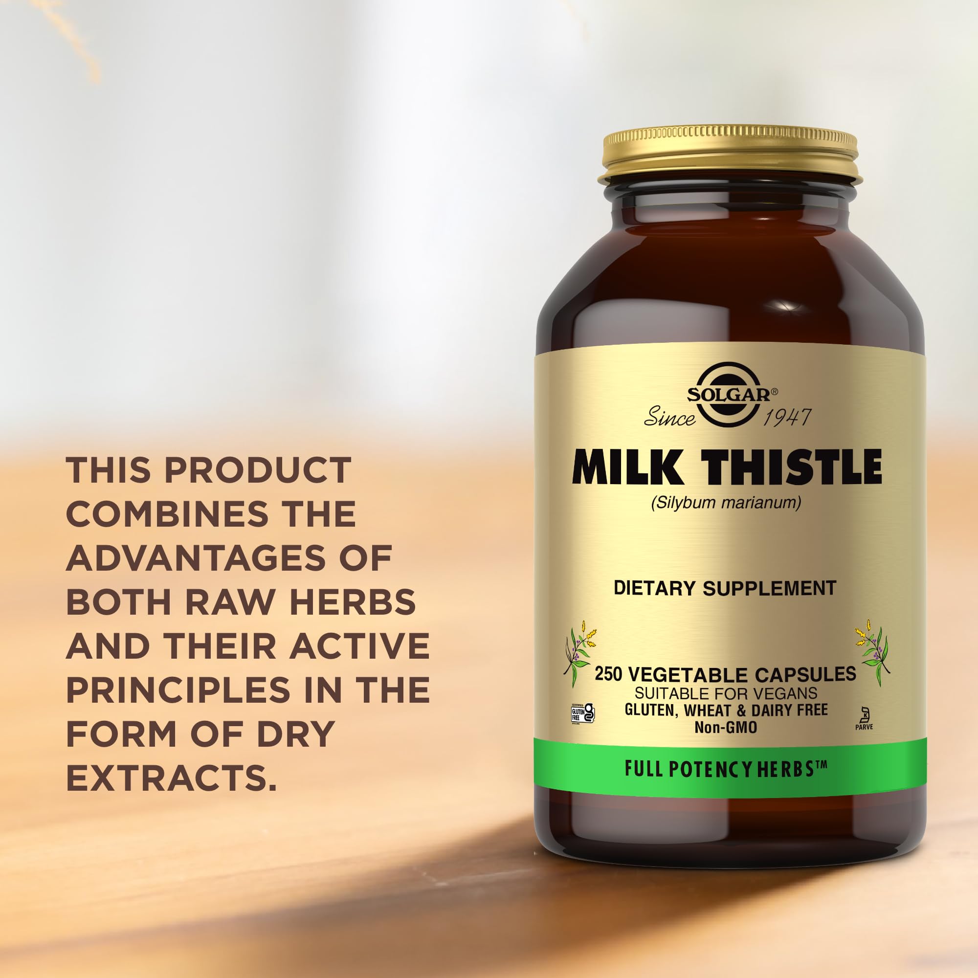 Solgar Milk Thistle 454g packaging on a wooden table