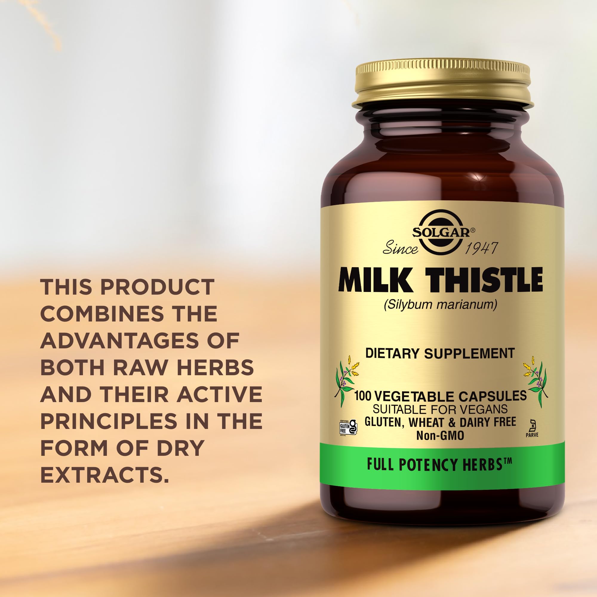 Solgar Milk Thistle bottle with a measuring spoon