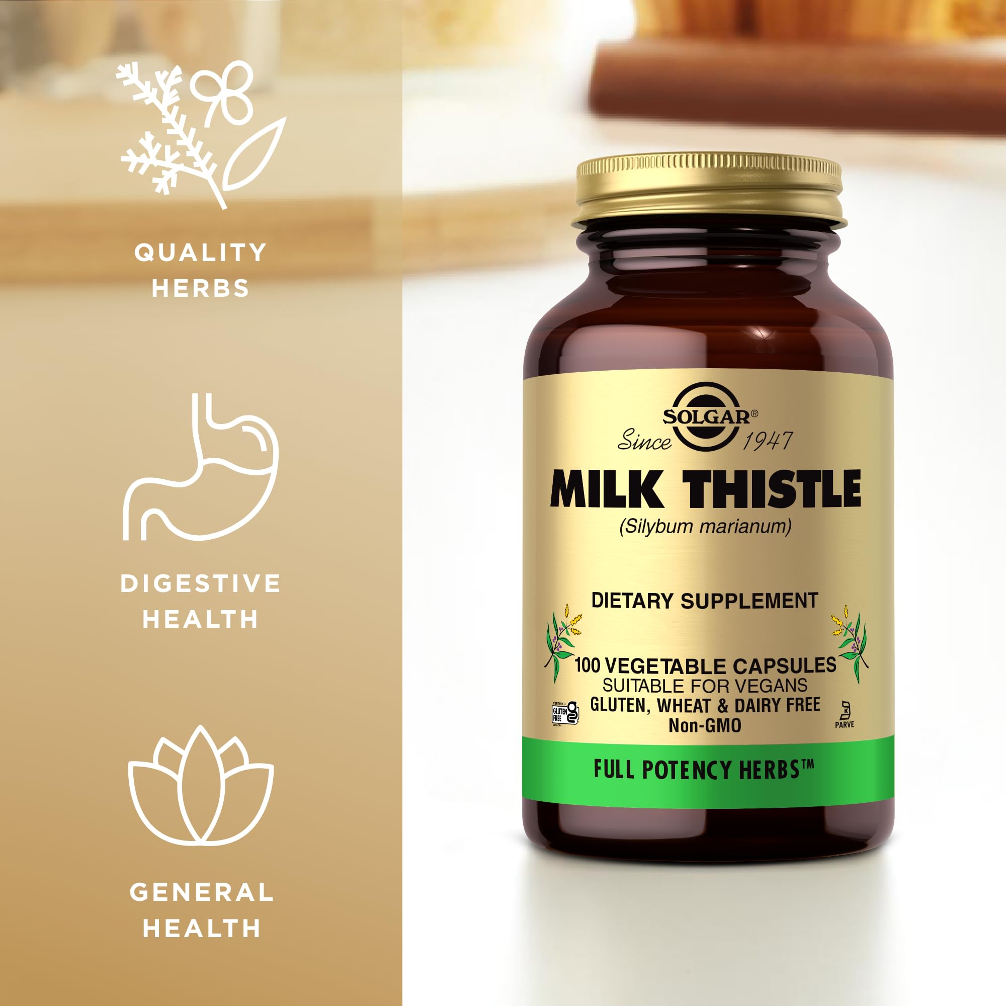 Solgar Milk Thistle capsules on a wooden table