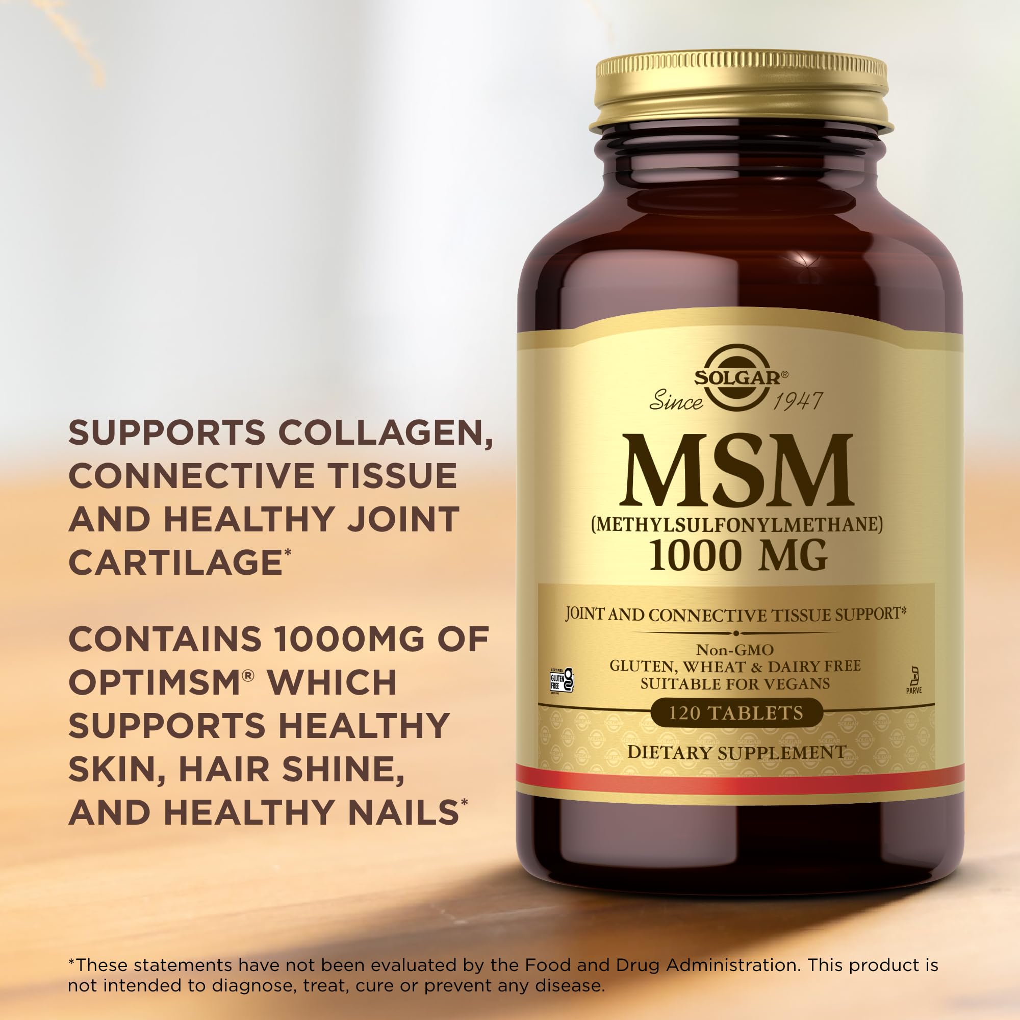 Solgar MSM Tablets 1000mg on a wooden surface