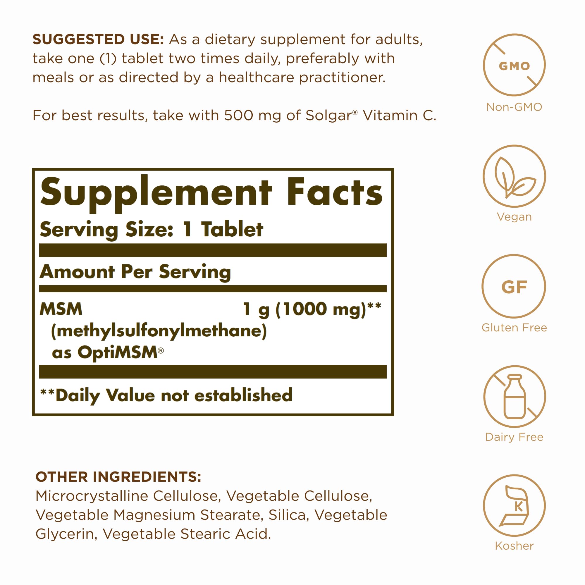 Solgar MSM Tablets 1000mg side view showing tablet size