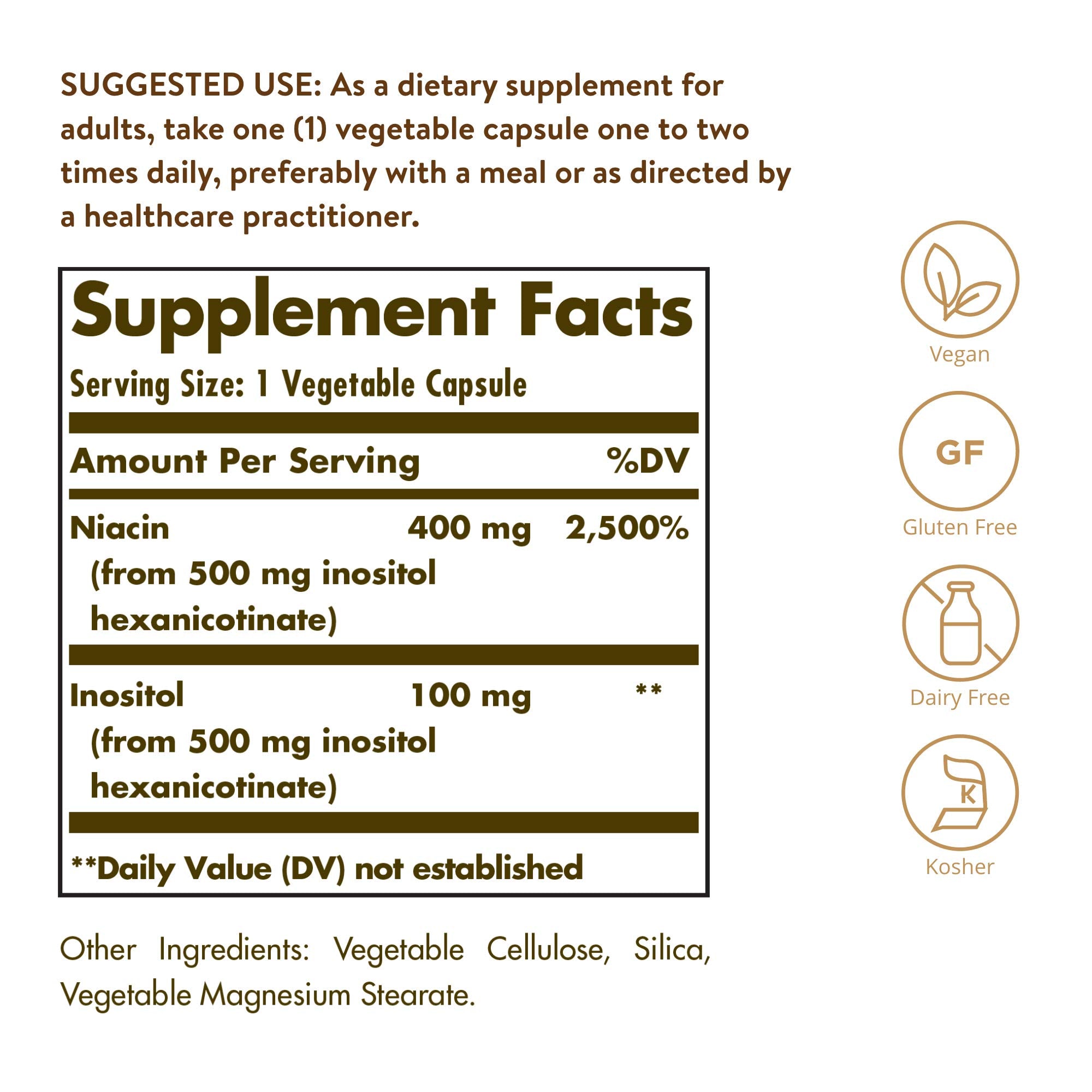 Solgar No-Flush Niacin 400mg capsules side view
