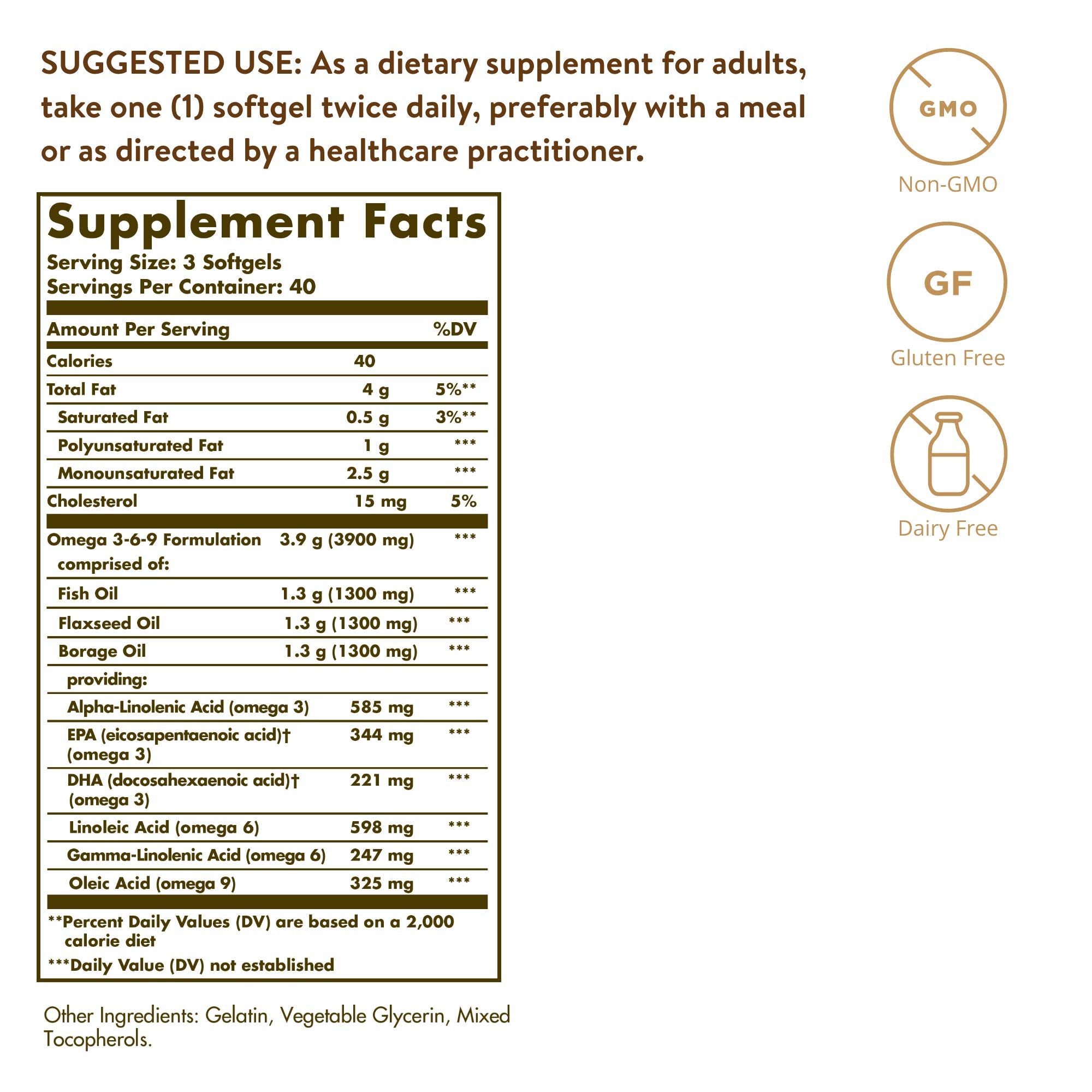 Solgar Omega 3-6-9 Softgels 1300mg back view with ingredients