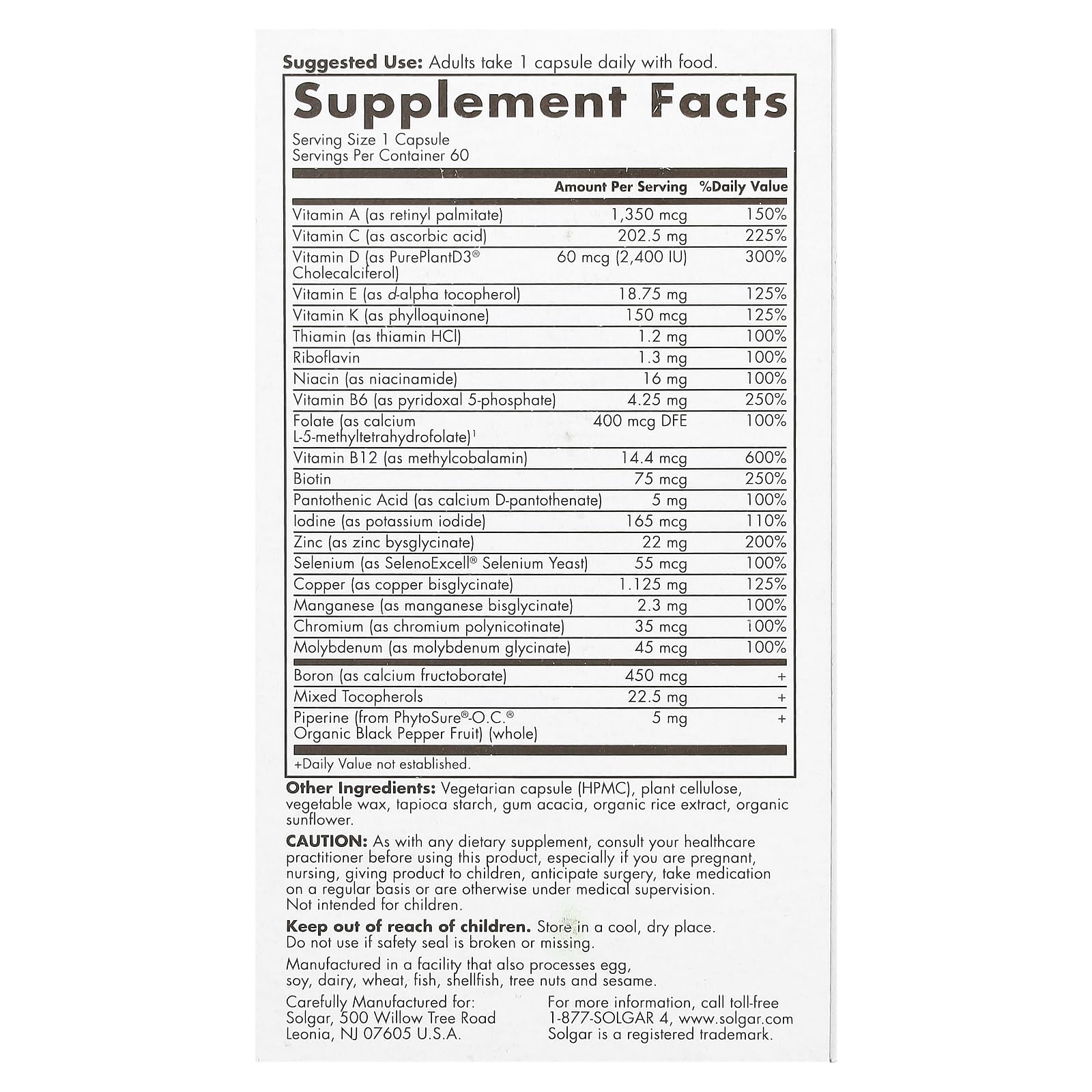 Solgar One Daily Men's Multi 50+ vegan multivitamin back view with ingredient list