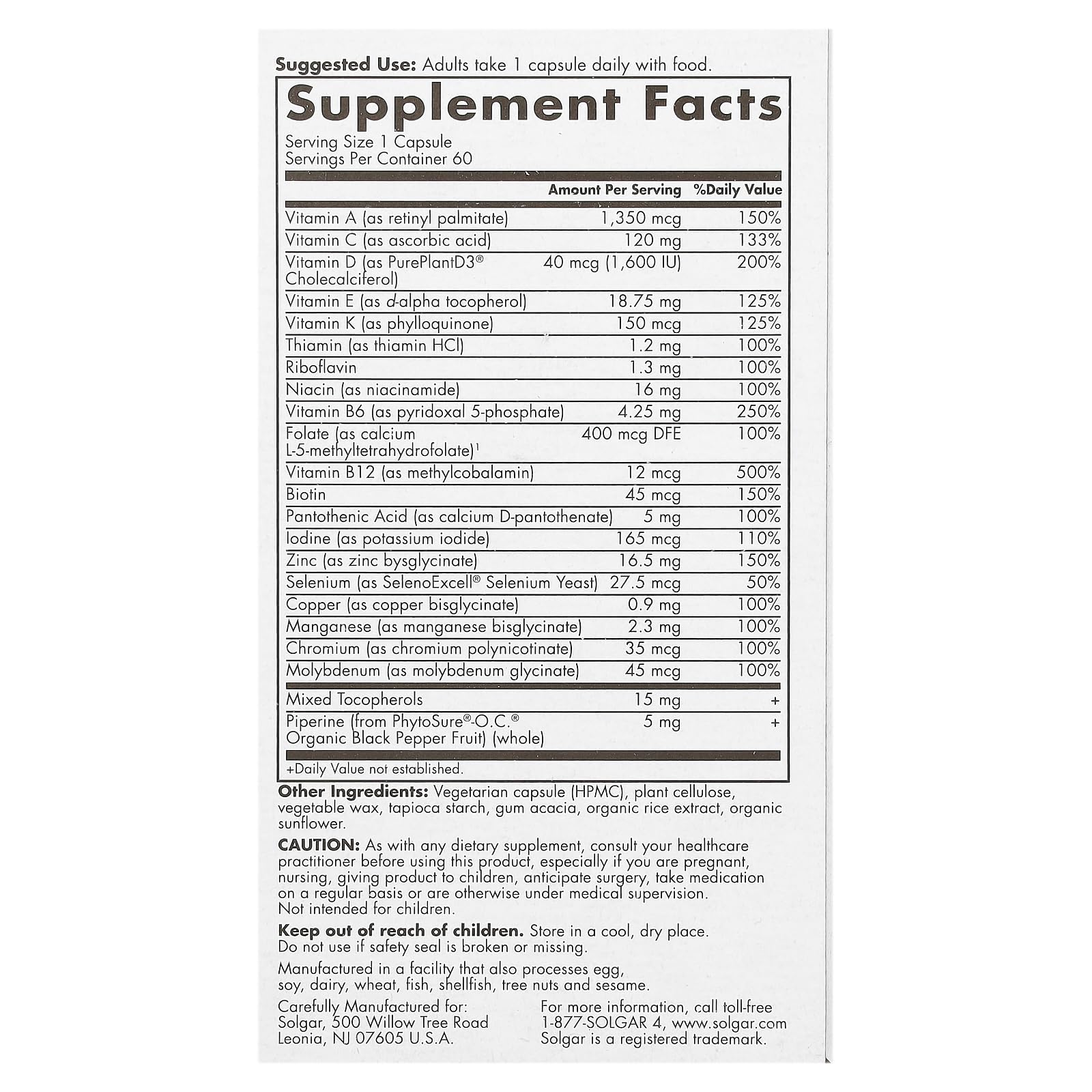 Solgar One Daily Men's Multi Vegan Multivitamin side view with label