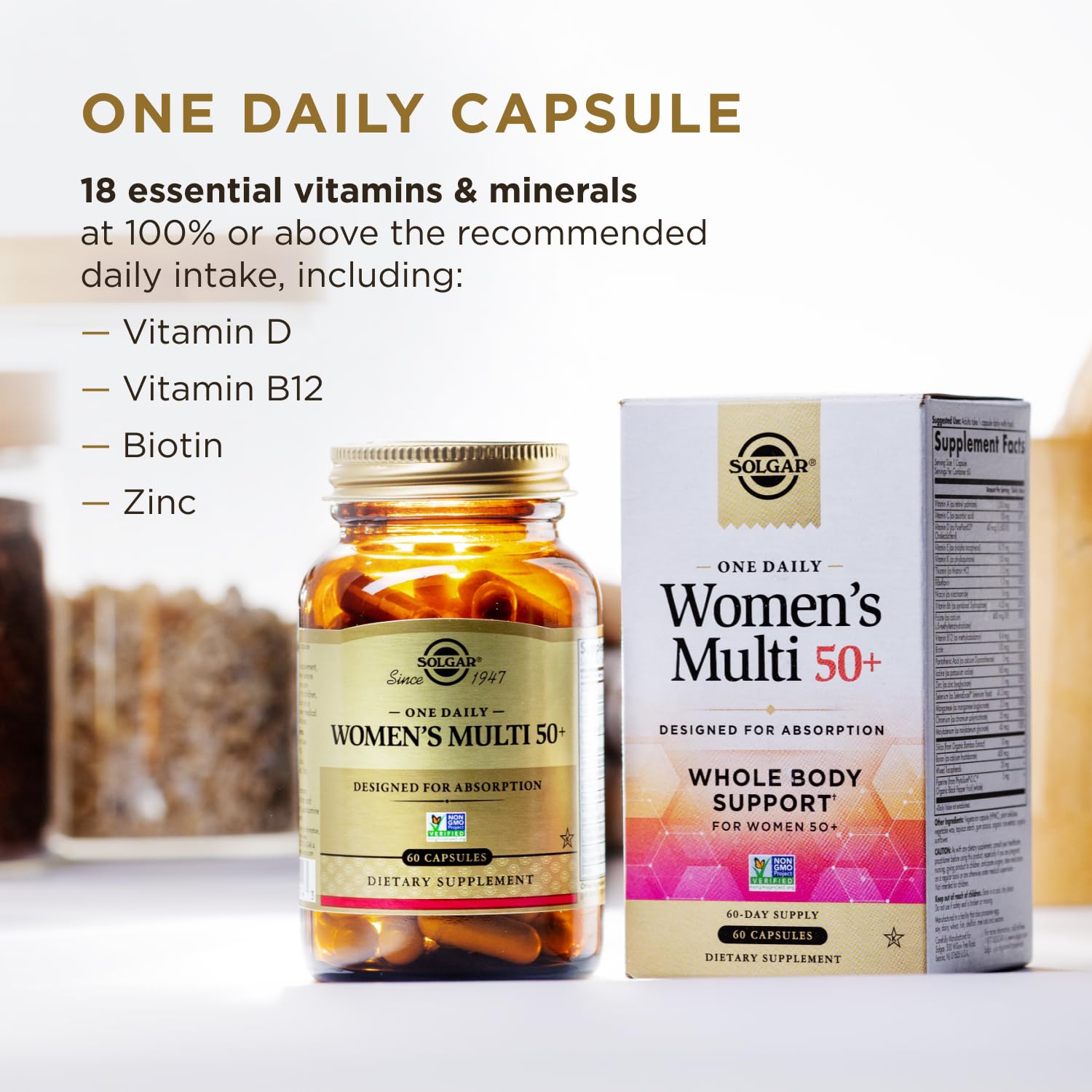 Solgar One Daily Women's Multi 50 Plus vegan multivitamin side view