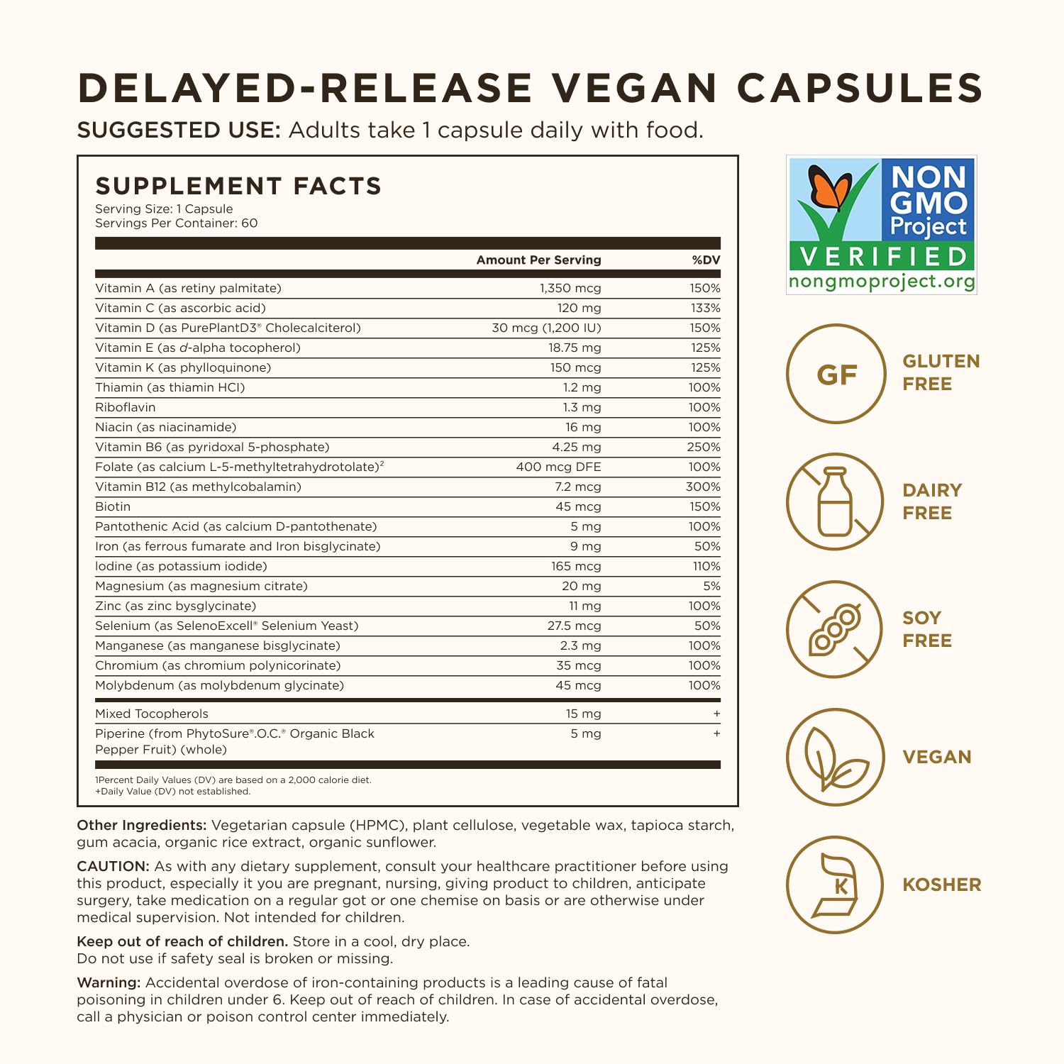 Solgar One Daily Women's Multi Vegan Multivitamin back view with ingredients