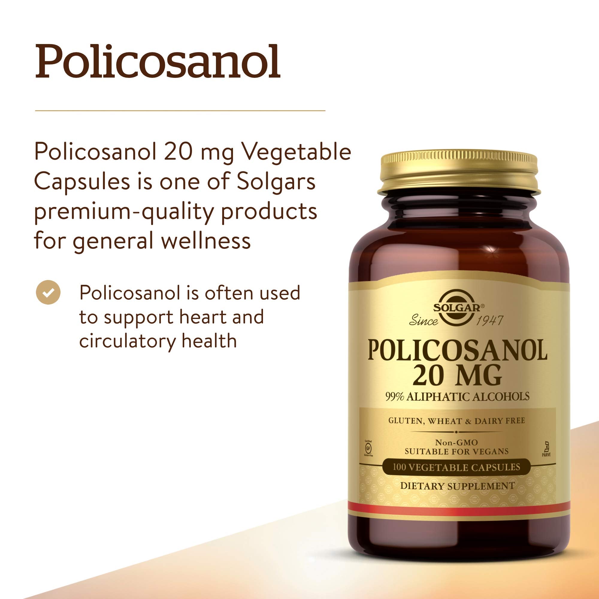 Solgar Policosanol 20 mg Vegetable Capsules bottle with label
