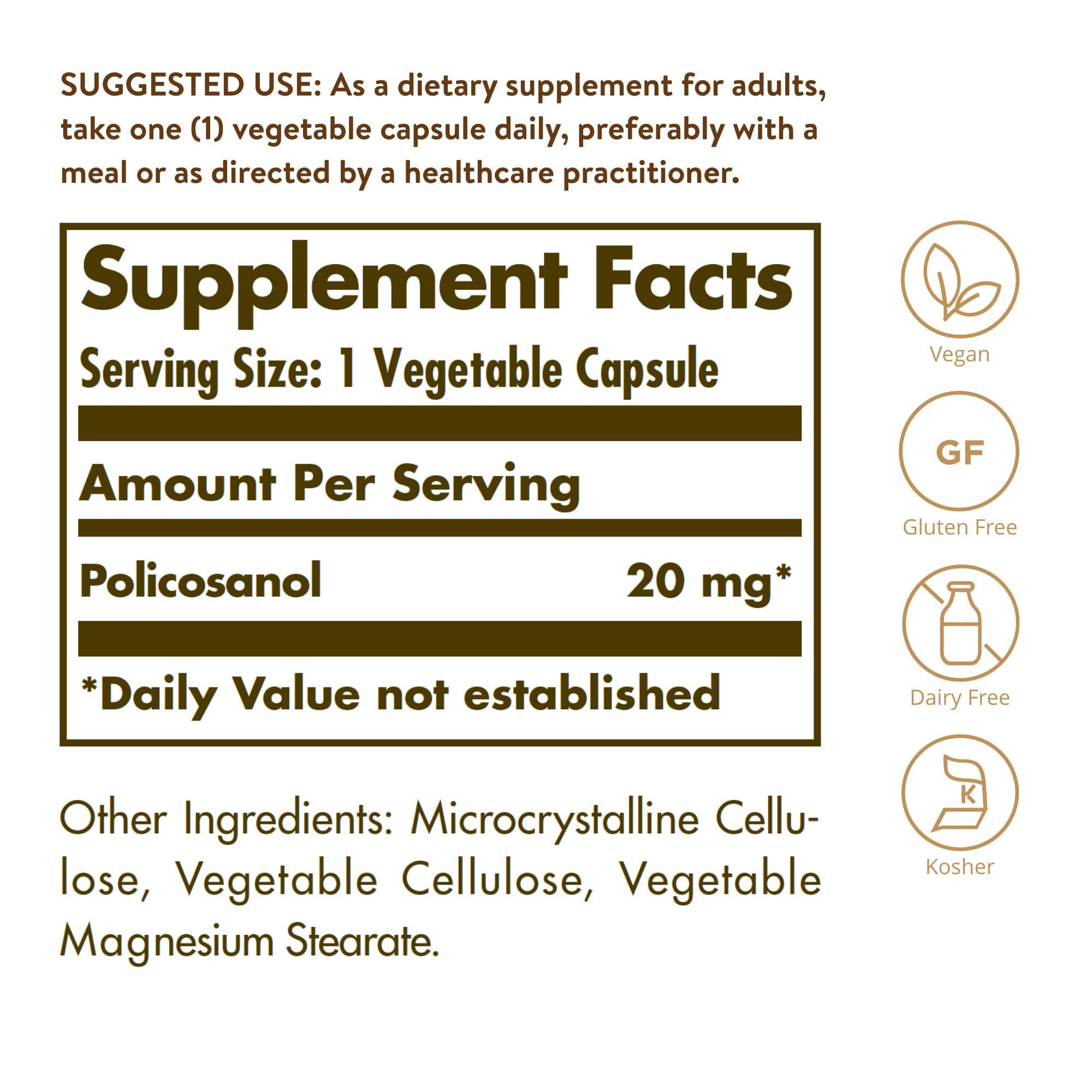 Solgar Policosanol 20 mg Vegetable Capsules side view