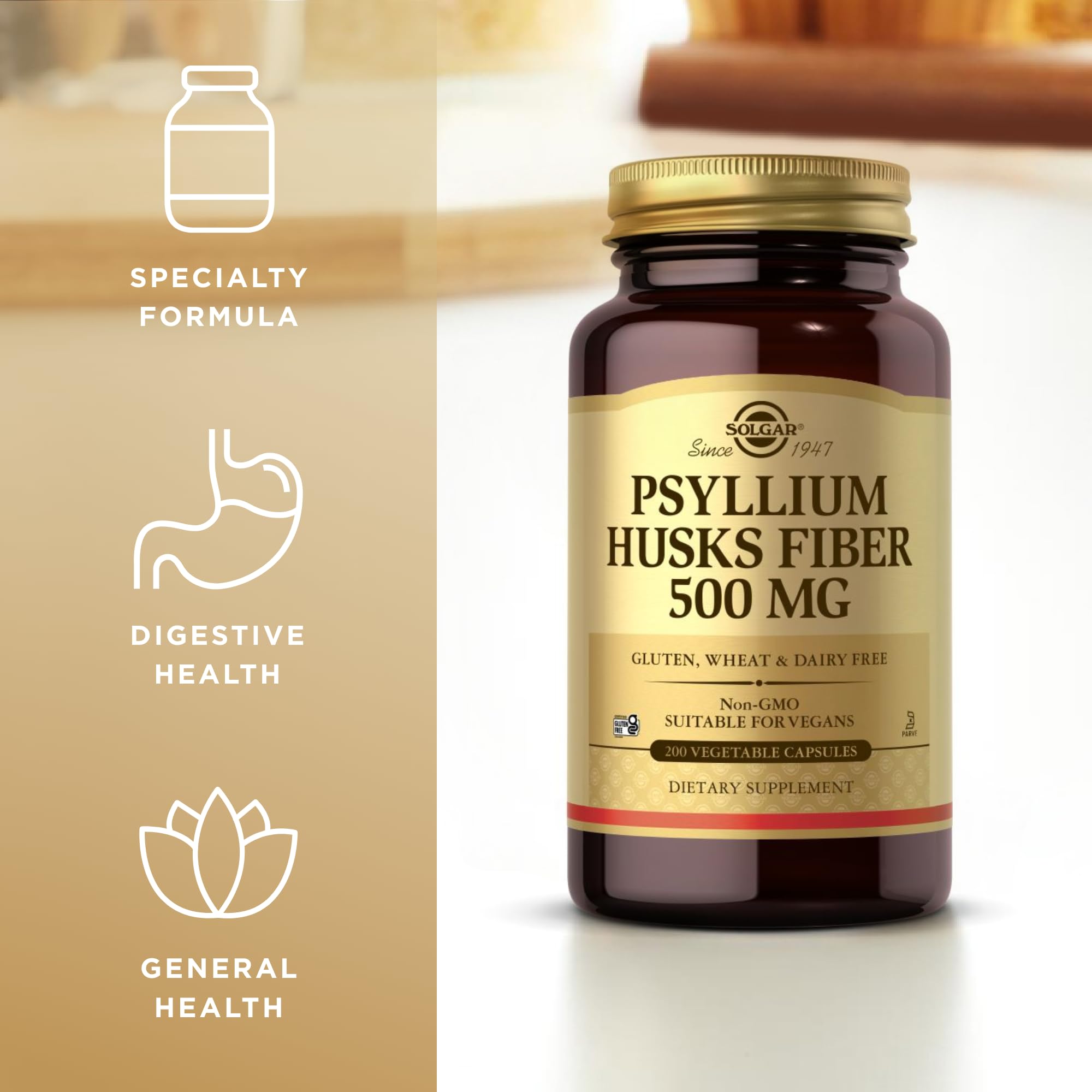 Solgar Psyllium Supplement 100g capsules on a wooden surface