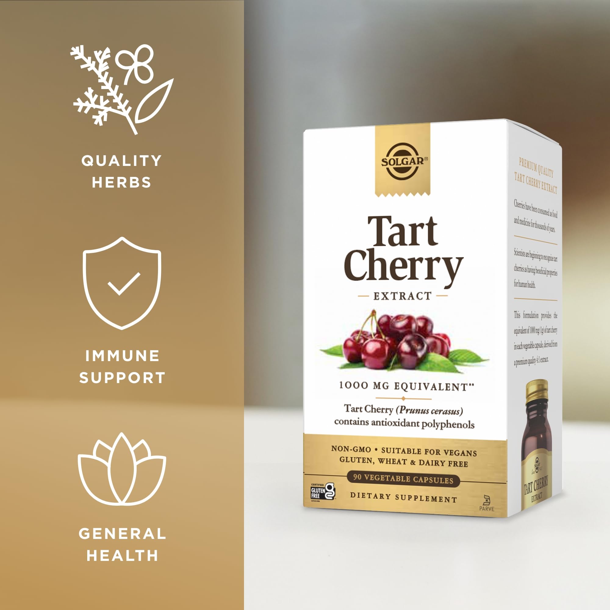 Solgar Tart Cherry Antioxidant Supplement 1000mg capsules in hand