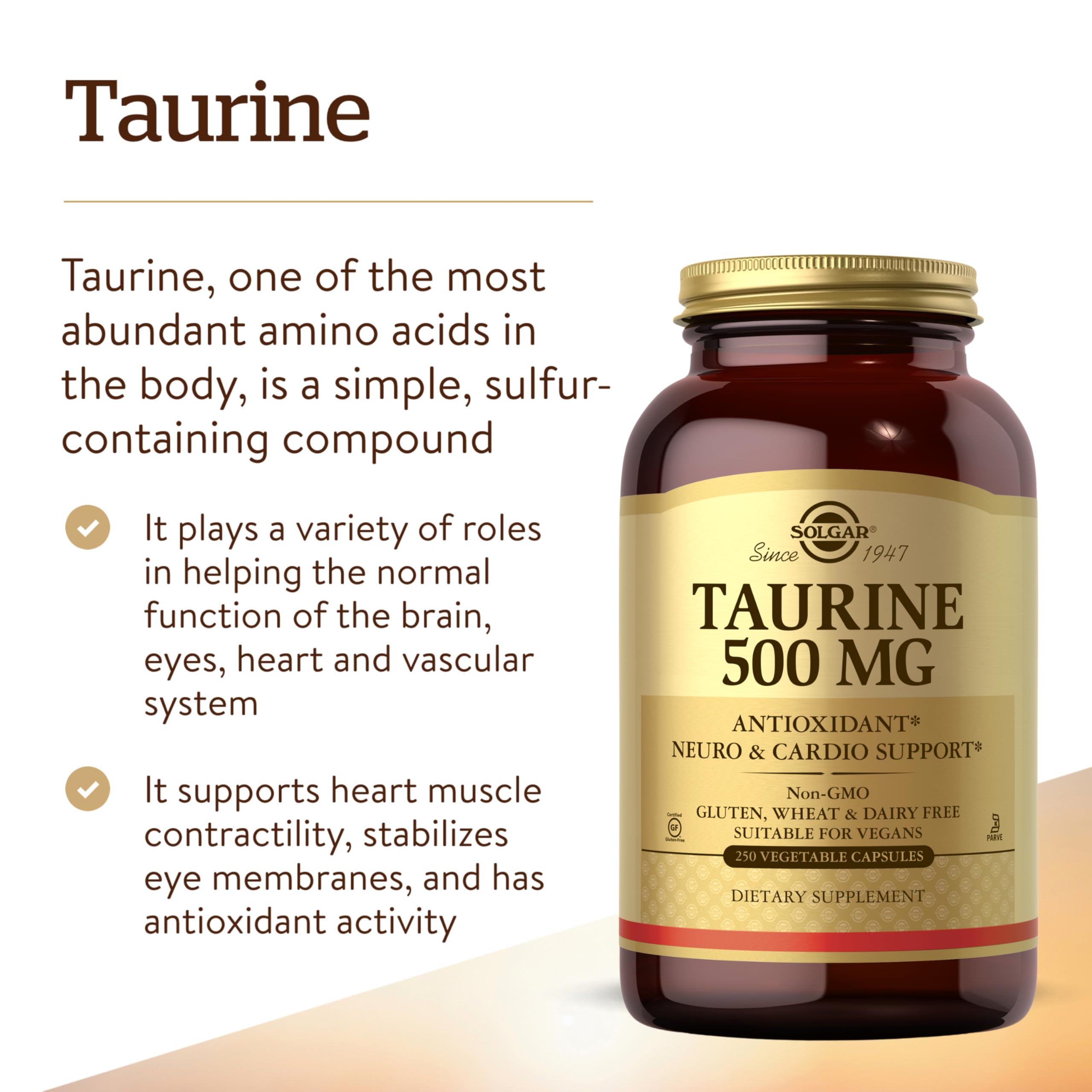 Solgar Taurine 500mg capsules in a clear container
