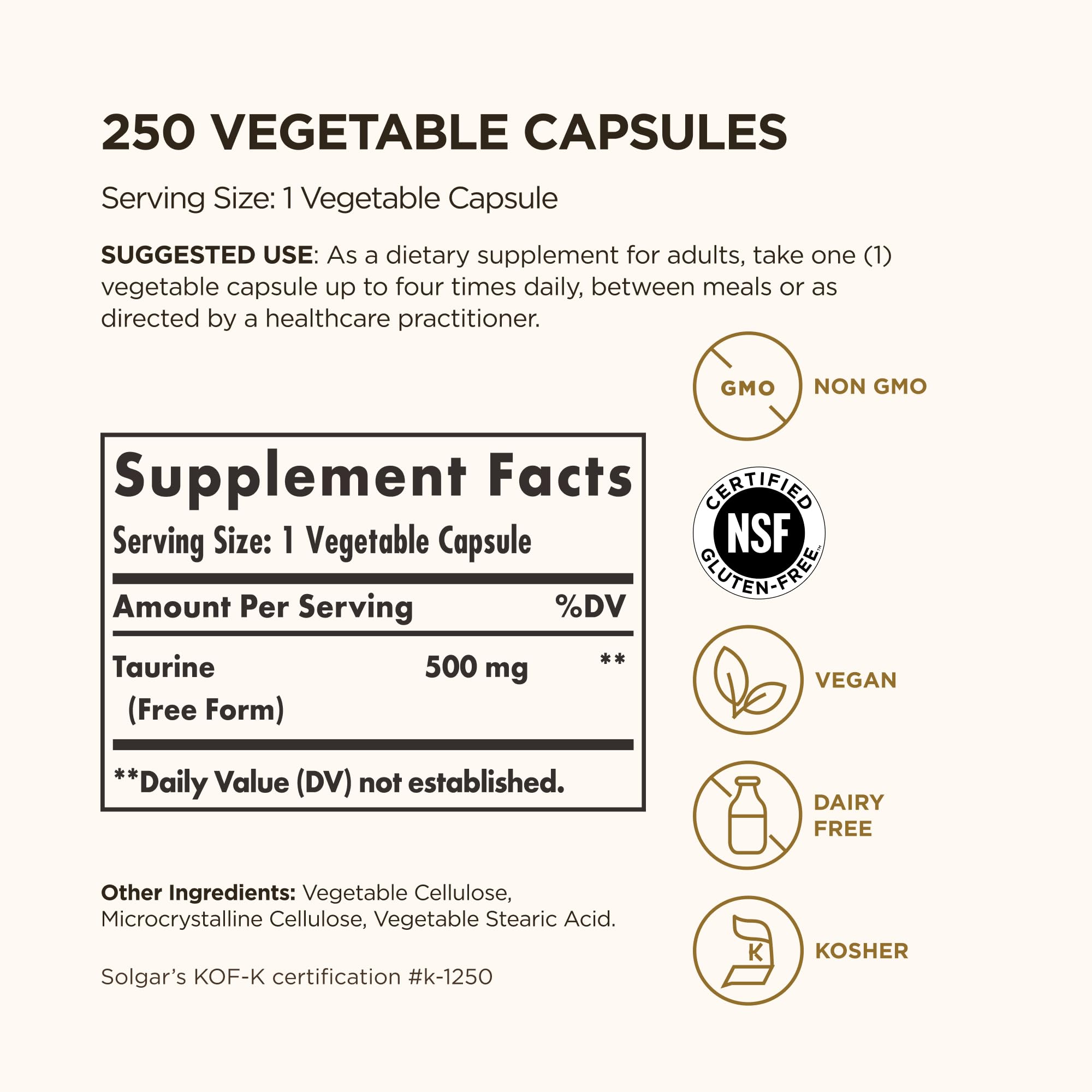 Solgar Taurine 500mg supplement side view showing ingredients