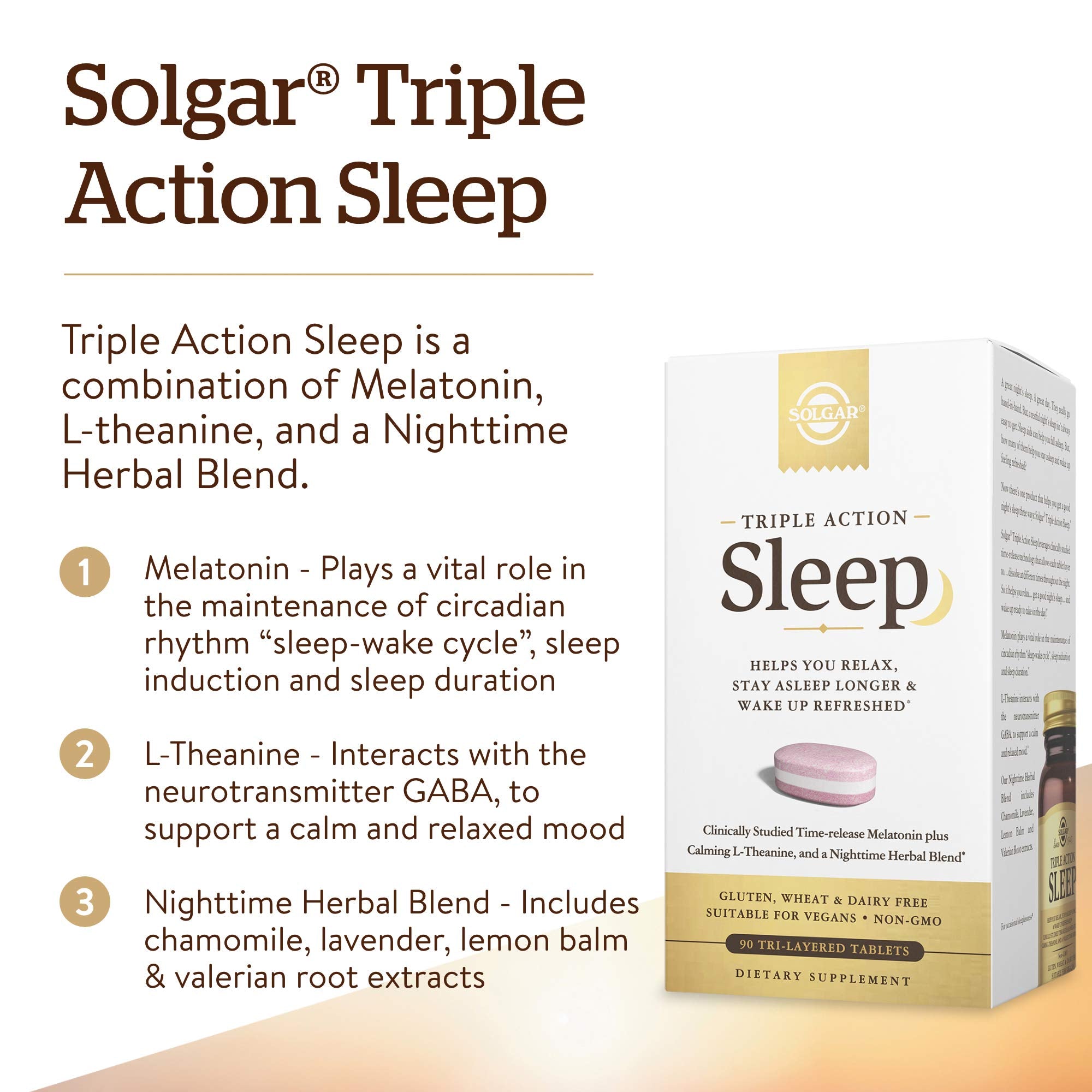Solgar Triple Action Sleep Supplement side view showing tablet count