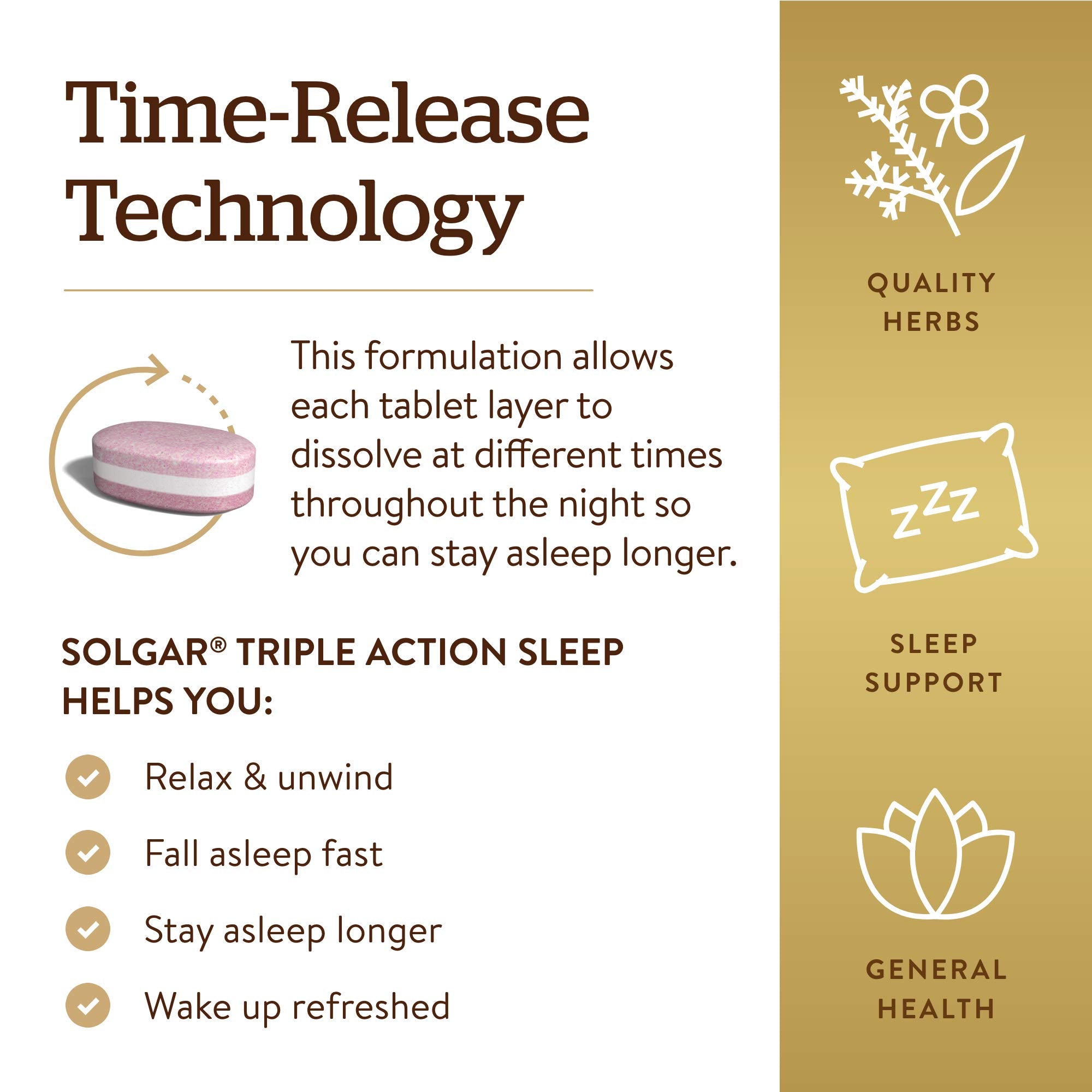 Solgar Triple Action Sleep tablets on a wooden table