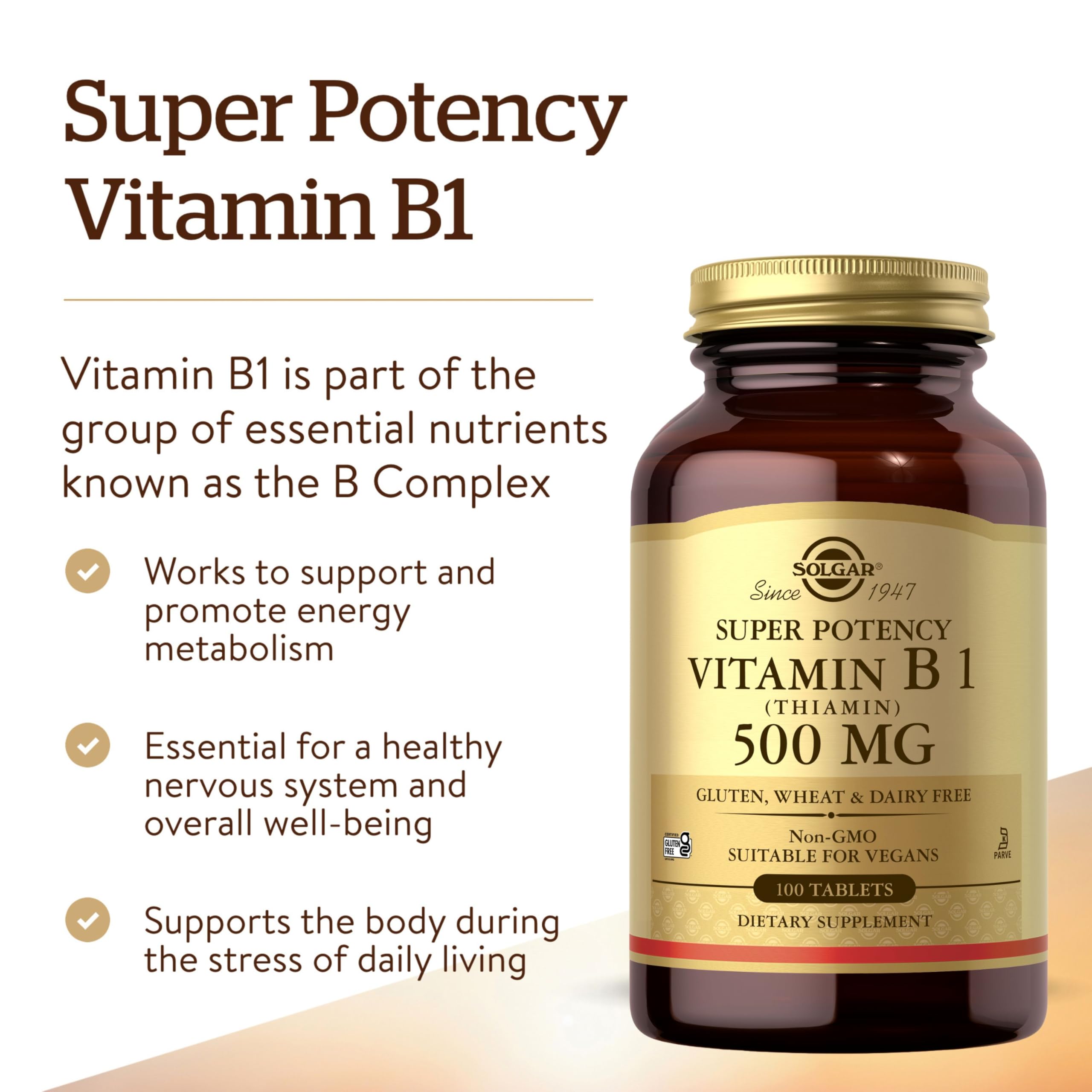 Solgar Vitamin B1 100mg capsules on a wooden table