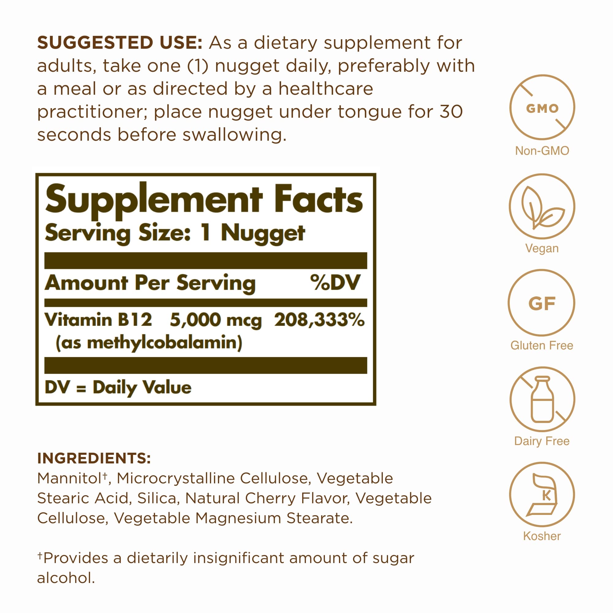 Solgar Vitamin B12 100g supplement back view showing ingredients