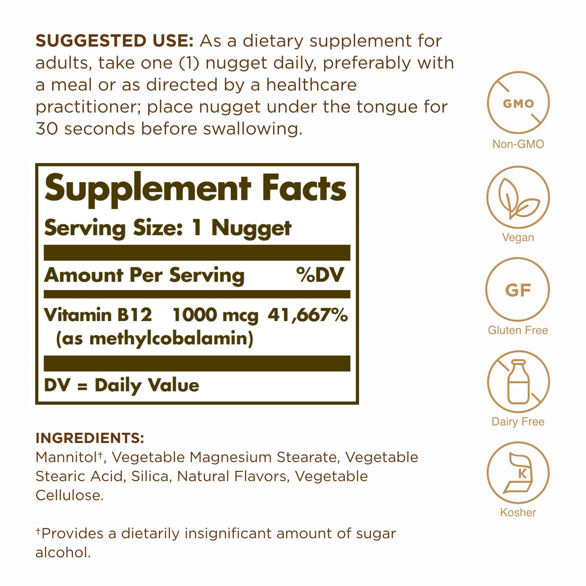 Solgar Vitamin B12 Methylcobalamin 1000 mcg sublingual nuggets close-up