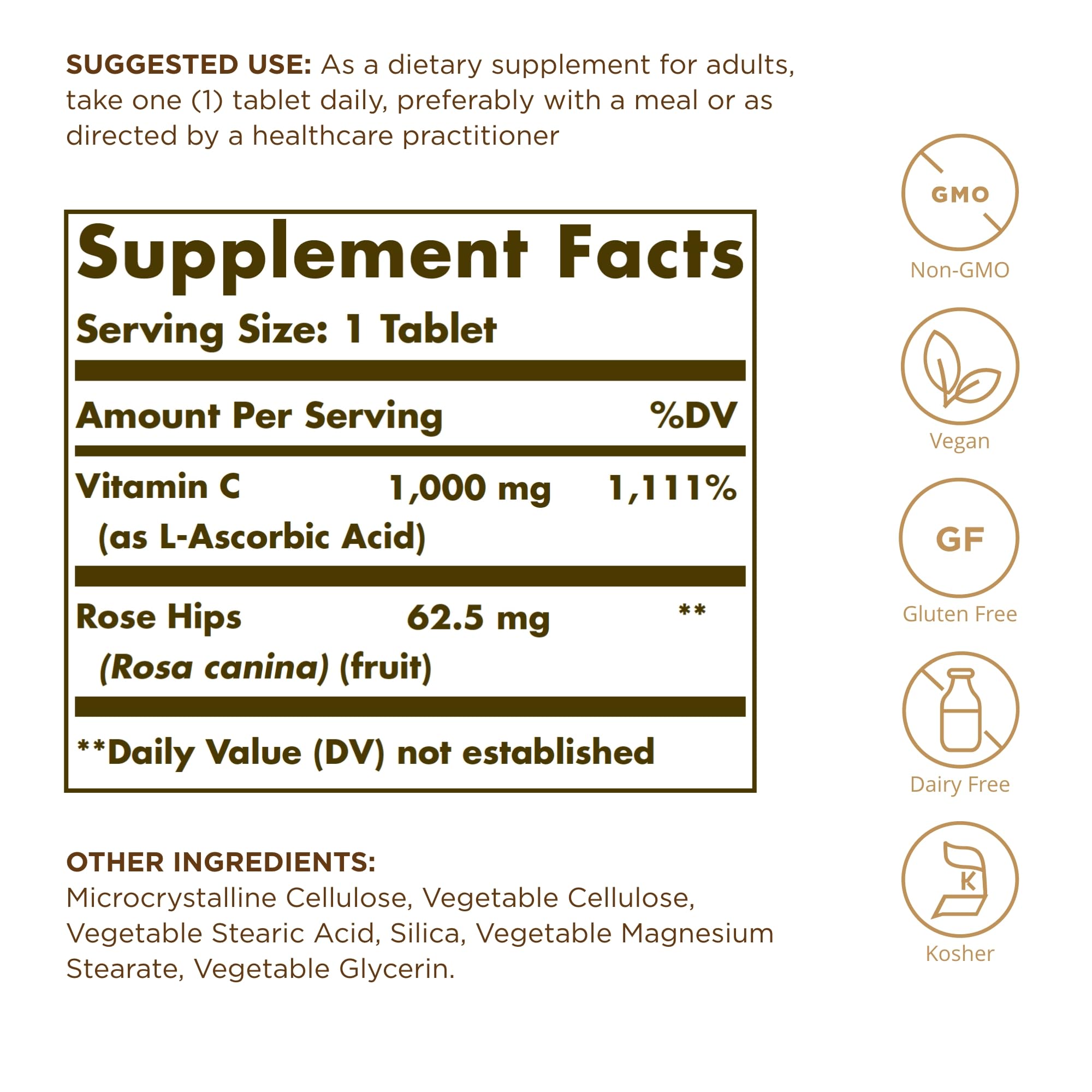 Solgar Vitamin C 1000 mg with Rose Hips tablet back view