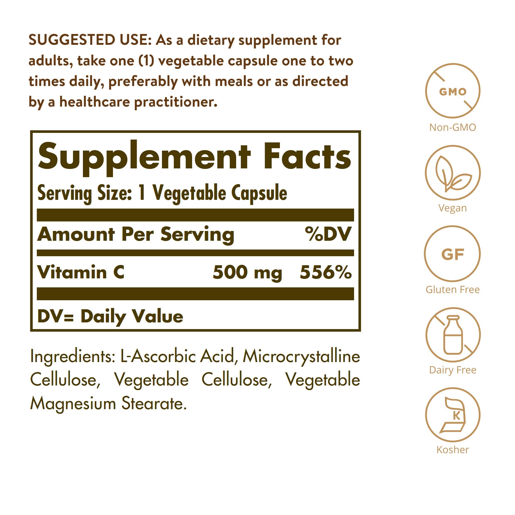 Solgar Vitamin C 500 mg vegetable capsules side view