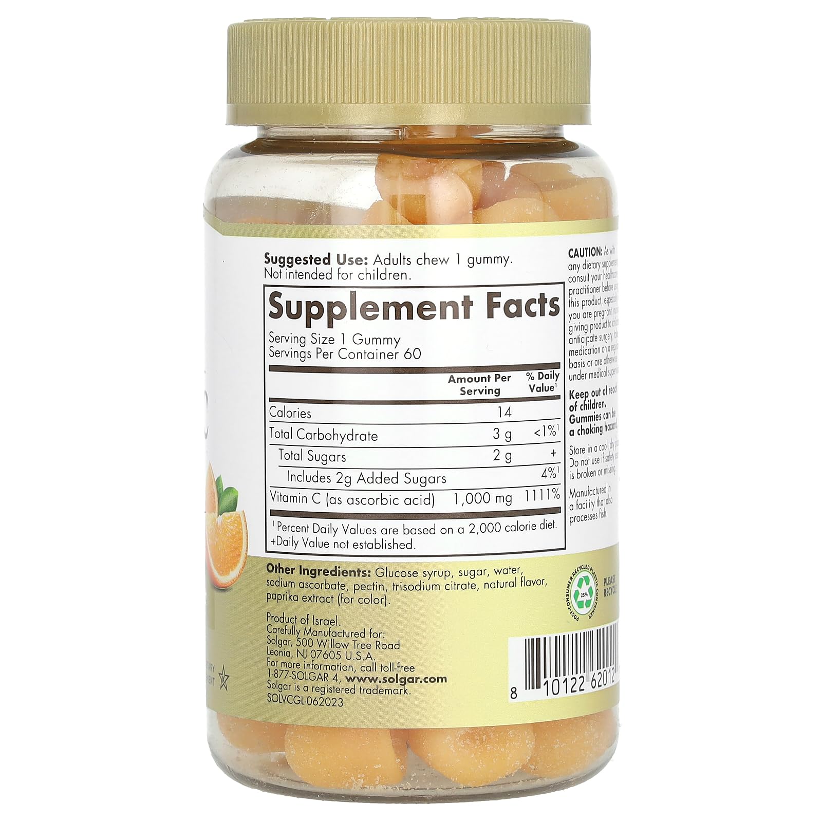 Solgar Vitamin C Gummies 1000mg Tart Orange bottle with label
