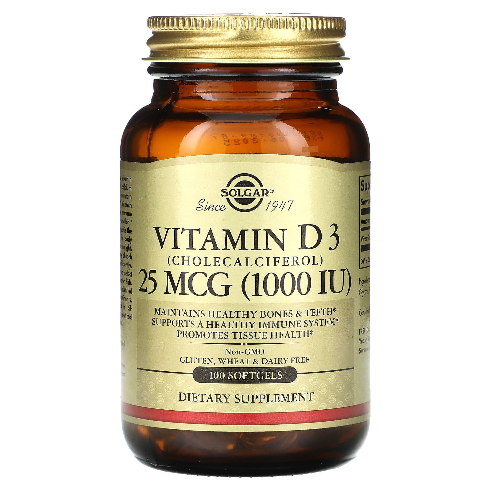 Solgar Vitamin D3 1,000 IU softgels back view