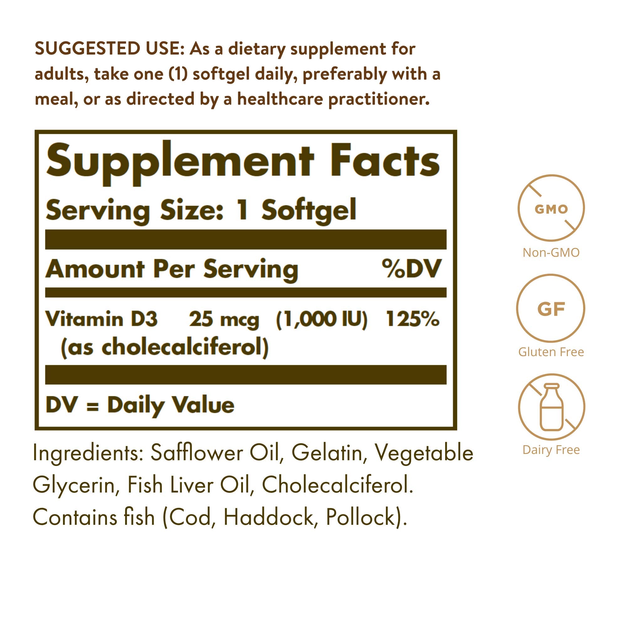 Solgar Vitamin D3 1,000 IU softgels side view