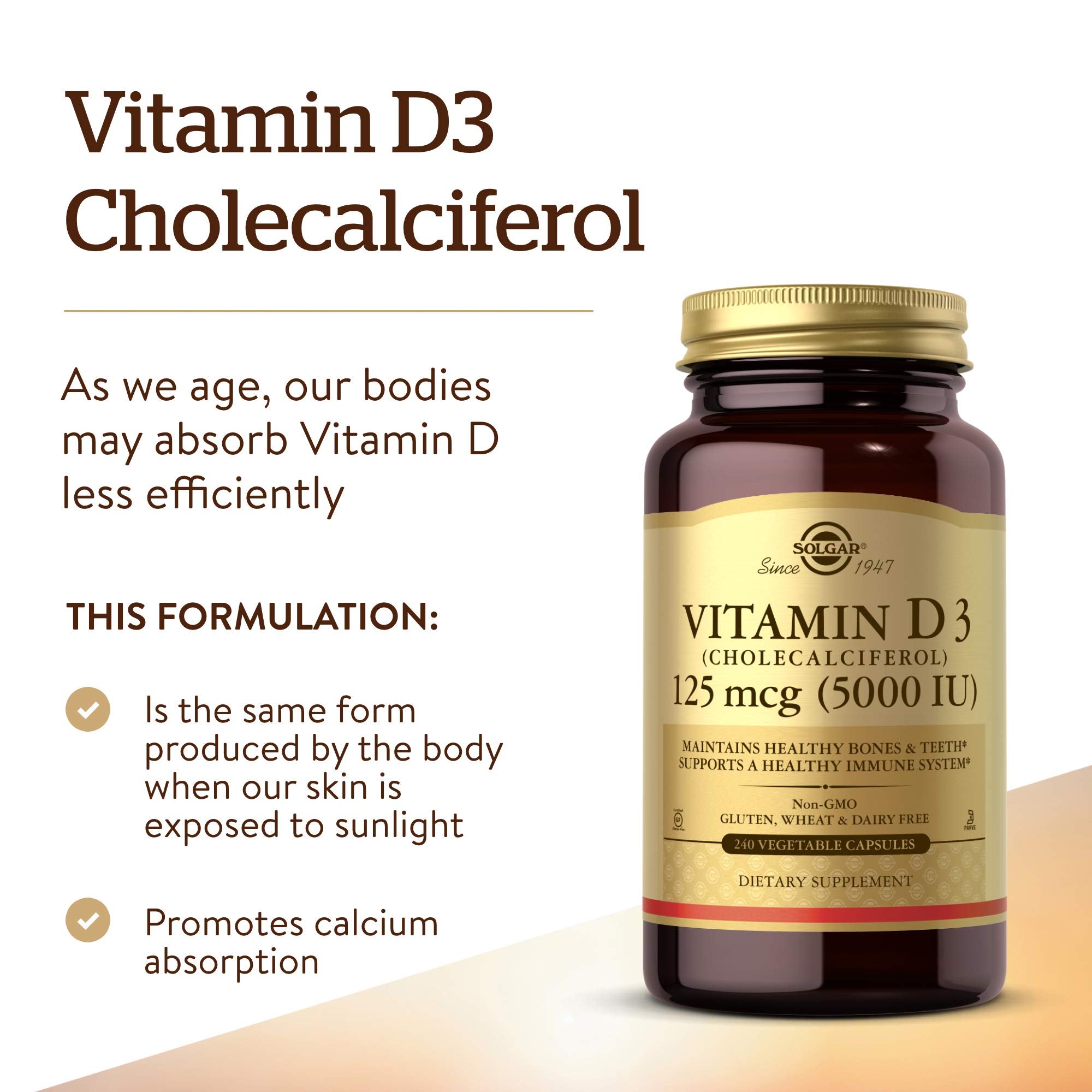 Solgar Vitamin D3 5000 IU vegetable capsules bottle with label