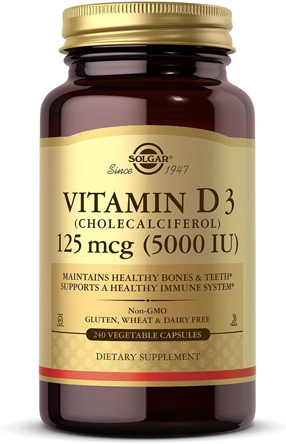 Solgar Vitamin D3 5000 IU vegetable capsules front view