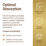 Solgar Vitamin D3 5000 IU vegetable capsules on a wooden table