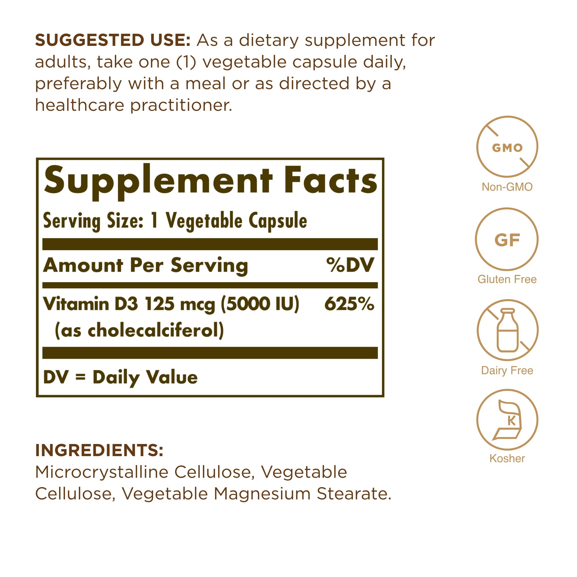 Solgar Vitamin D3 5000 IU vegetable capsules side view
