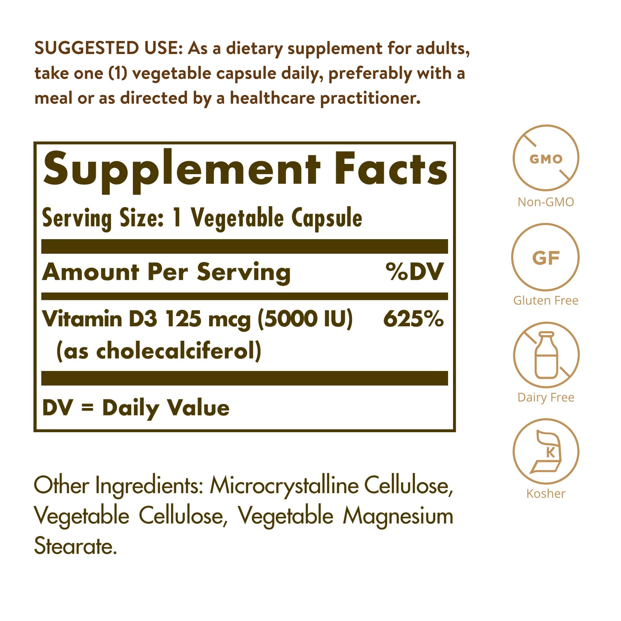 Solgar Vitamin D3 5000 IU vegetable capsules side view