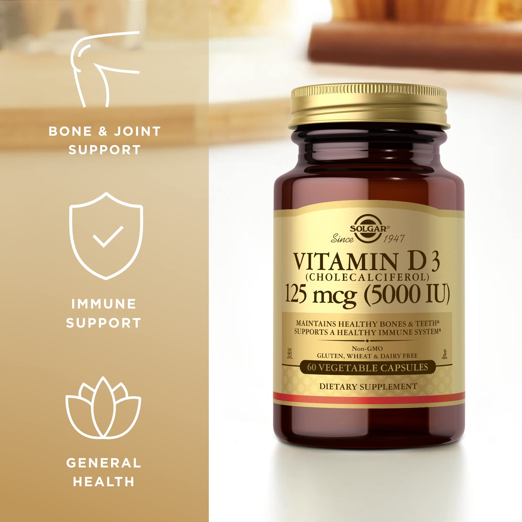 Solgar Vitamin D3 vegetable capsules on a wooden table