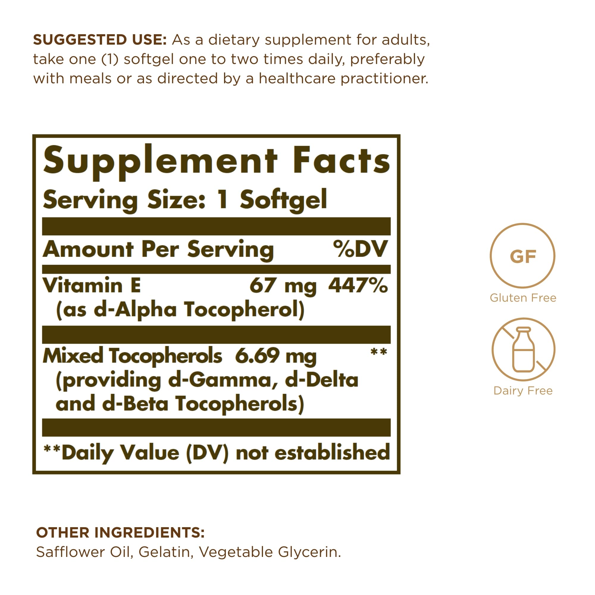 Solgar Vitamin E 100 IU Softgel back view showing ingredients