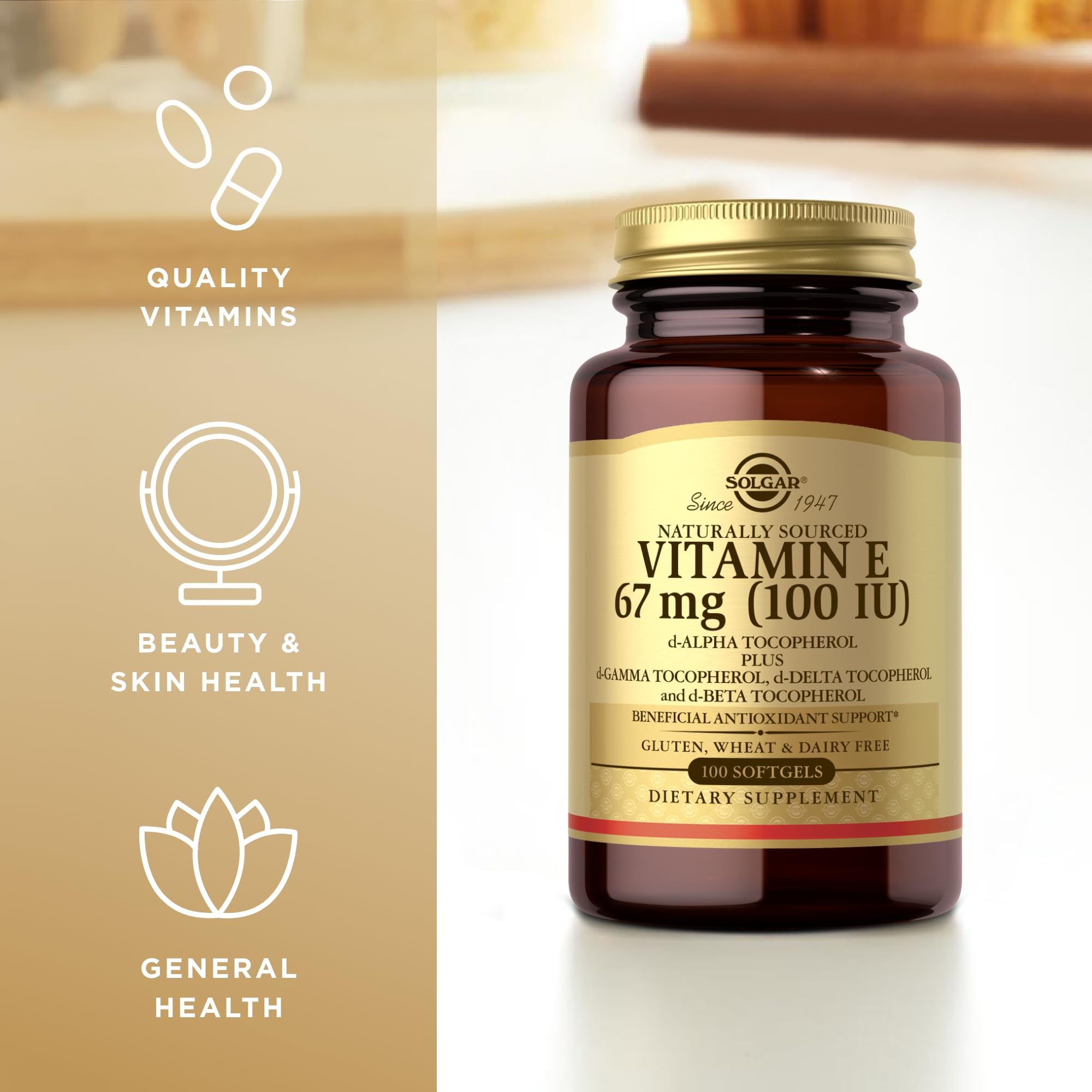 Solgar Vitamin E 100 IU Softgel bottle side view