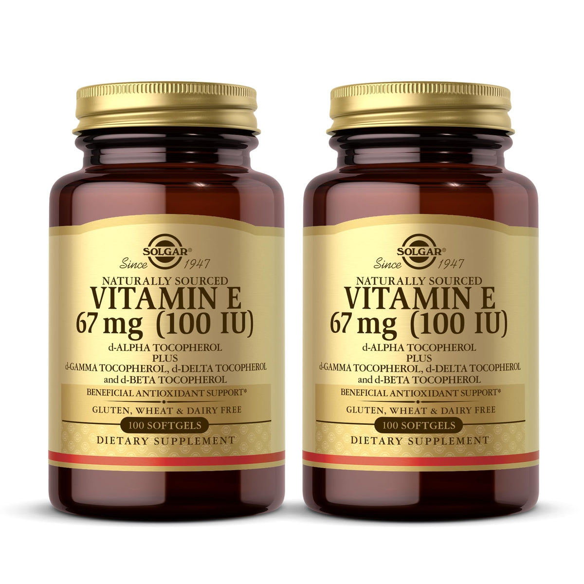 Solgar Vitamin E 100 IU Softgel front view with packaging