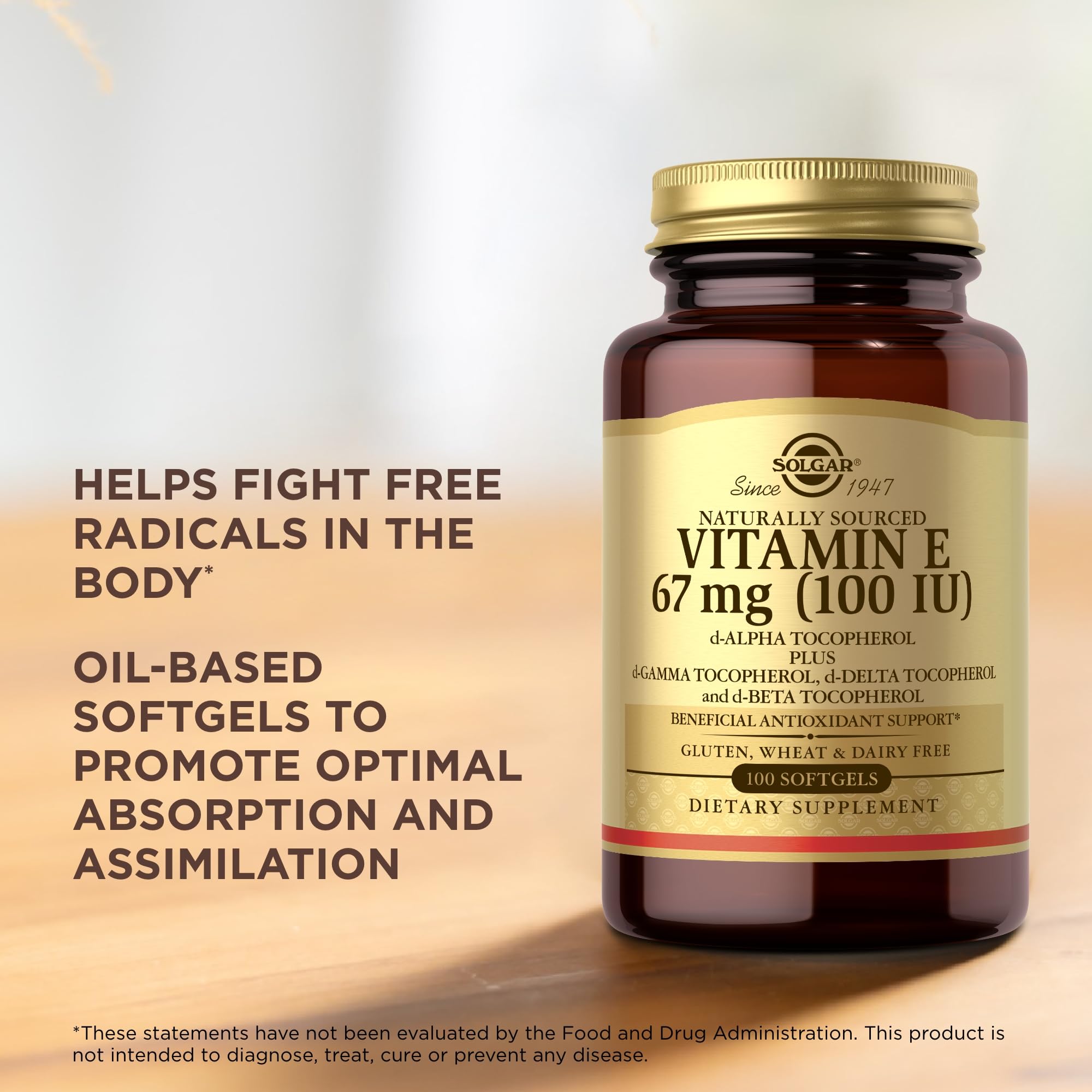 Solgar Vitamin E 100 IU Softgel lifestyle scene with natural background