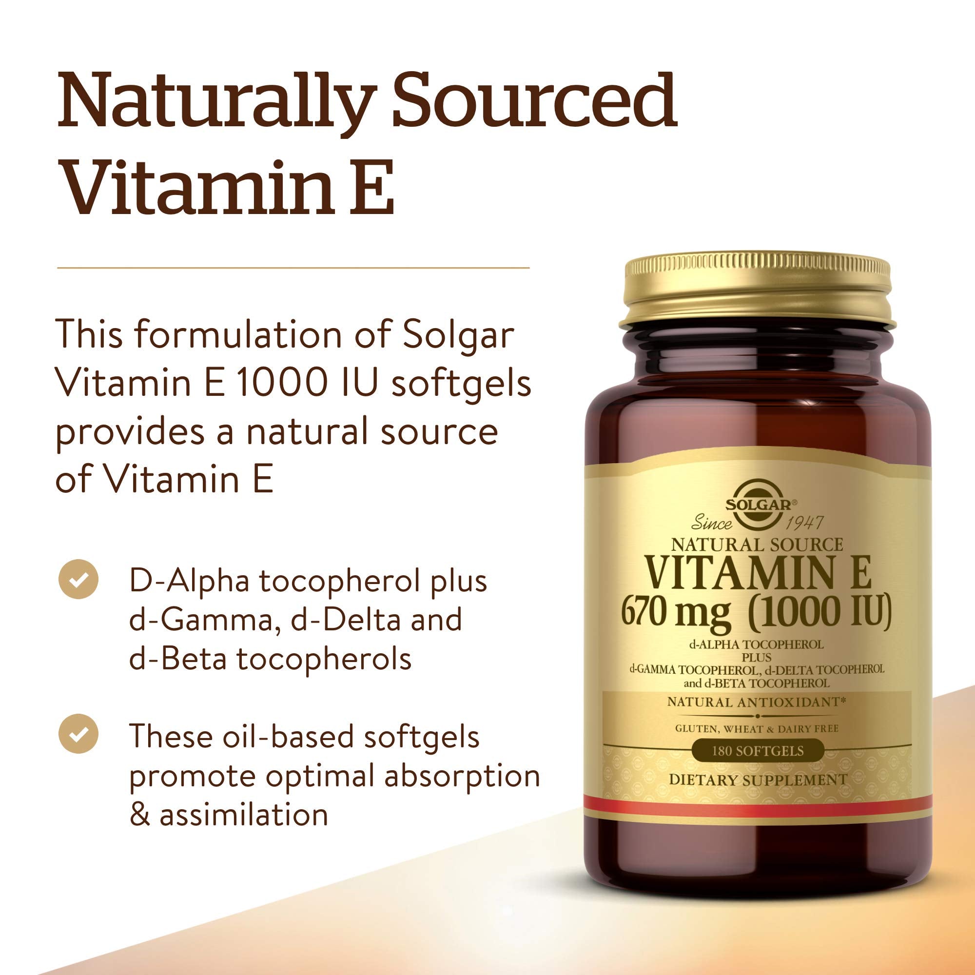 Solgar Vitamin E 400 IU softgels back view with ingredients list