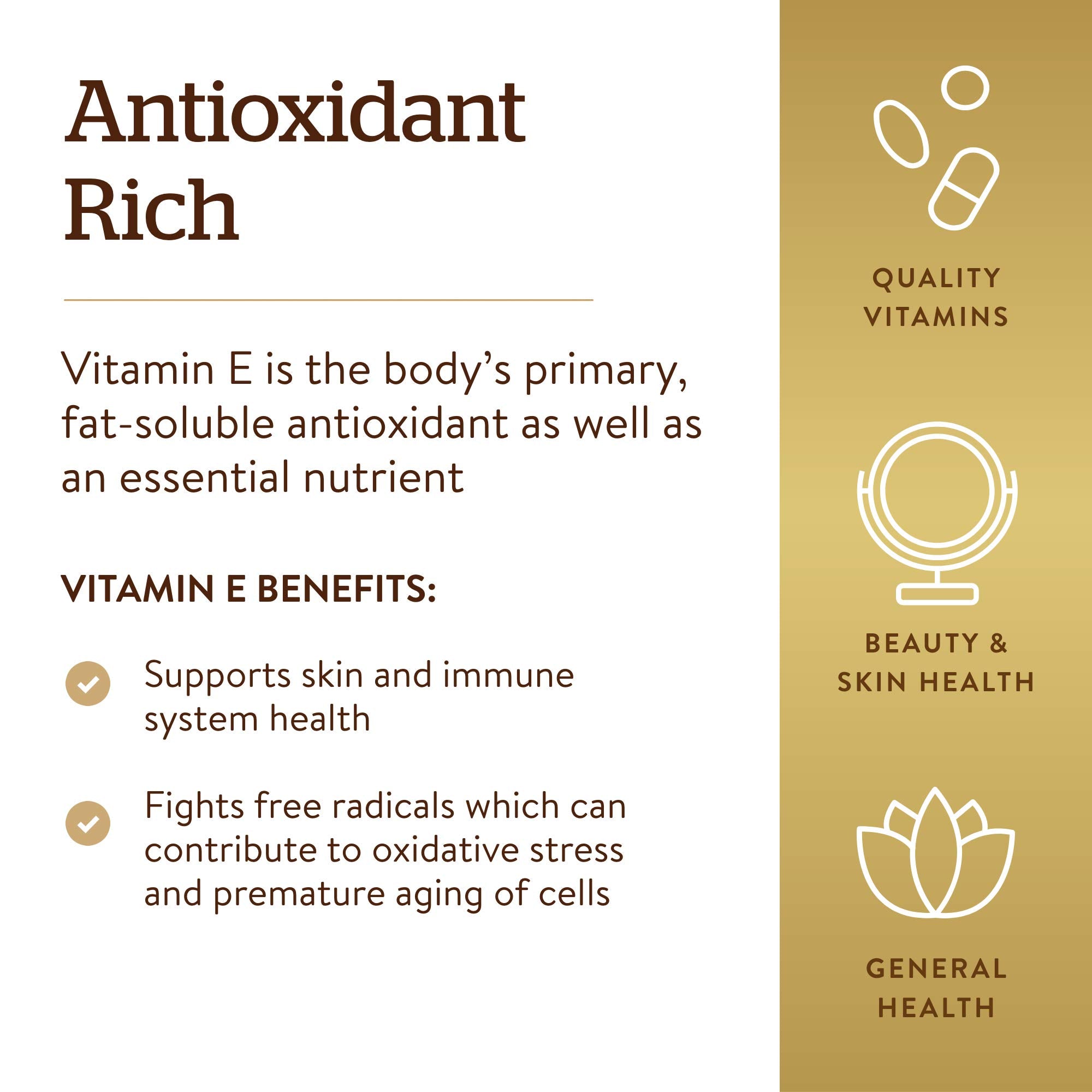 Solgar Vitamin E softgels displayed with a measuring spoon