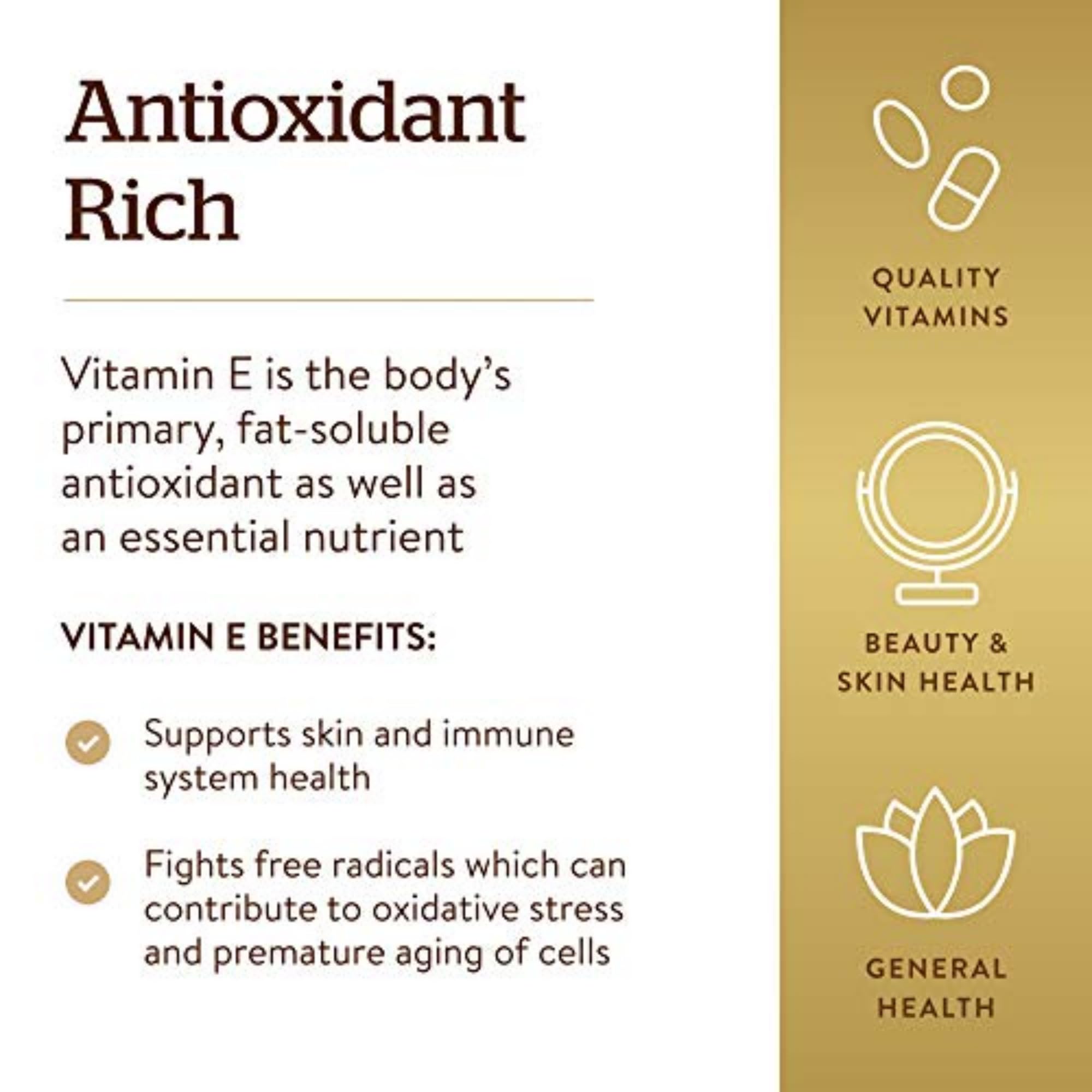 Solgar Vitamin E softgels on a wooden table