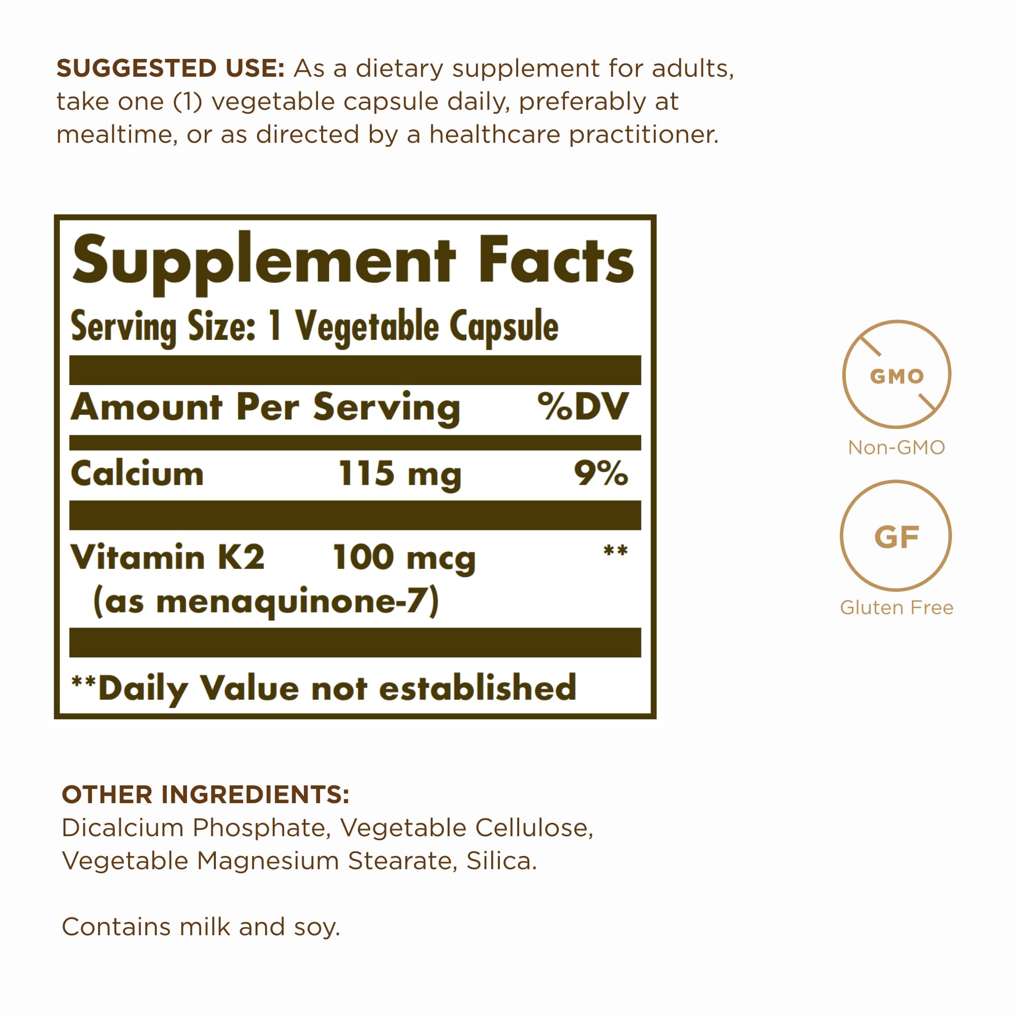 Solgar Vitamin K2 100mcg Capsules side view with label