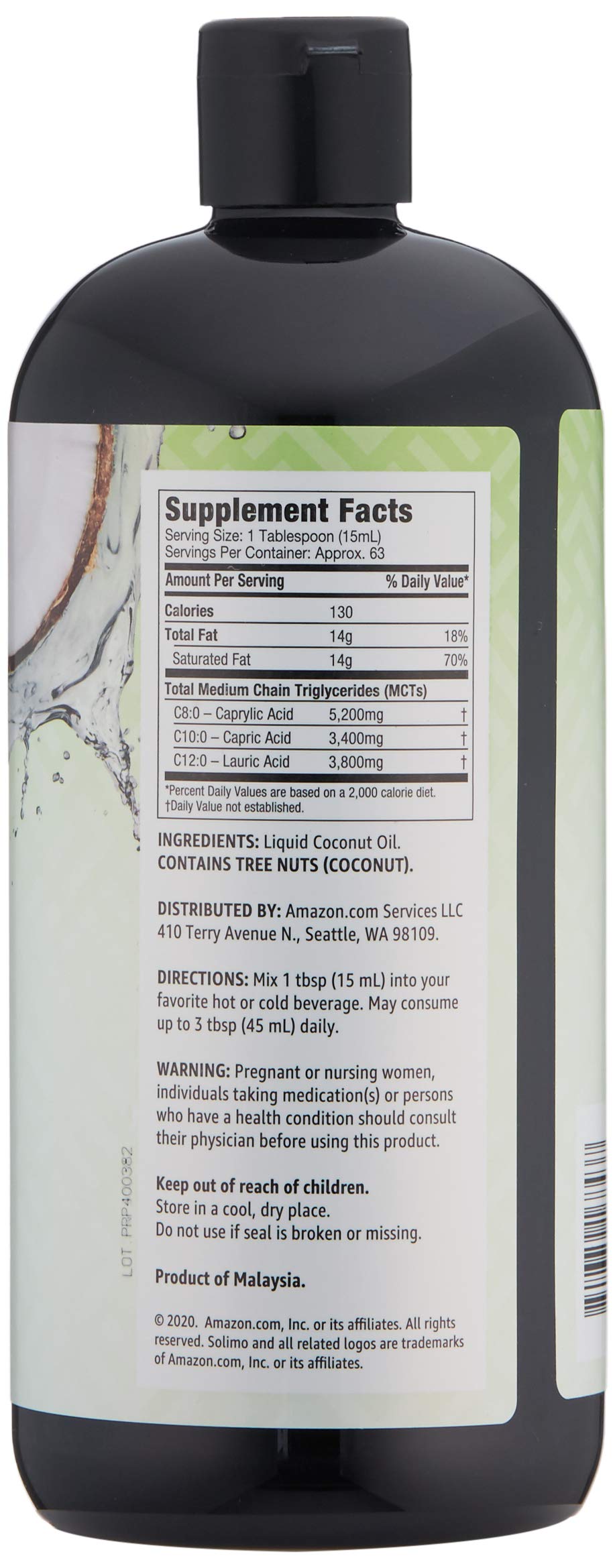 Solimo MCT Oil Unflavoured 946ml back label with ingredients