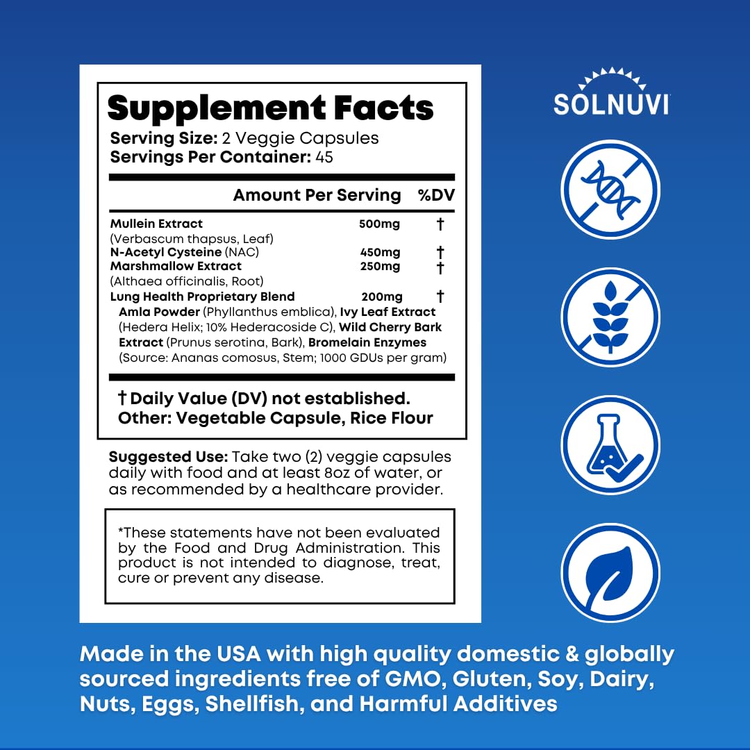 SOLNUVI Mullein & NAC Lung Health Support Supplement capsules close-up