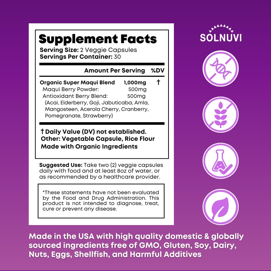 SOLNUVI Super Maqui Berry Supplement back view with ingredient details