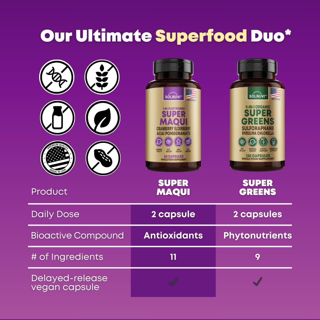 SOLNUVI Super Maqui Berry Supplement with measuring spoon and berries